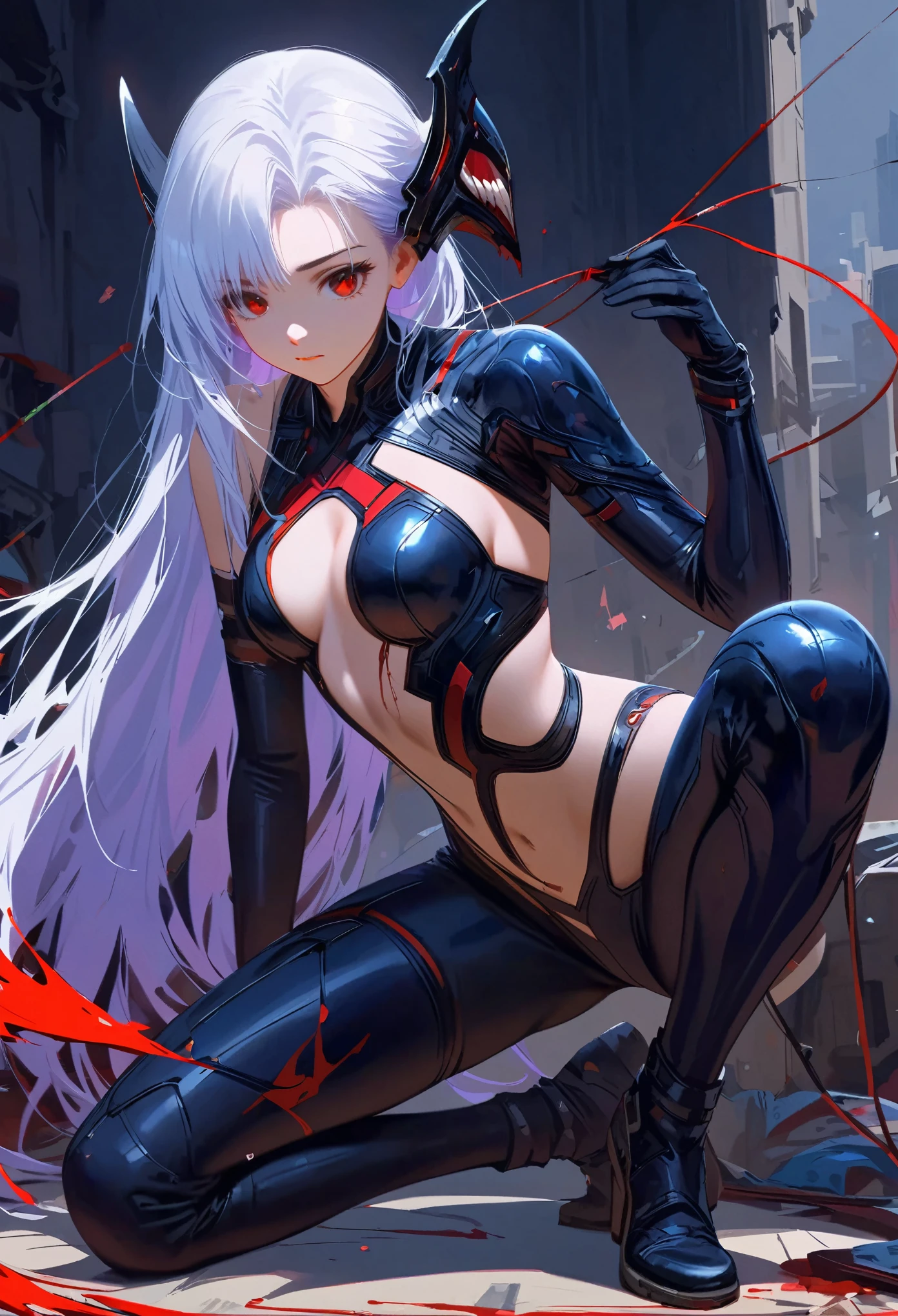 masterpiece ，  is the best quality， 8K， Digitally painting  ， 1 girl at home，  alone ， Stand up， youth， White hair， 长White hair， Headdress， Red Eyes， Round pupil，  her expressionless face  ， Bloodstained， Mechanical parts， electric wire， cable， Failure Effect， Shocking，  Science Fiction  ， Futuristic， The background is very dark ， neon，  Cyberpunk Characters  ，  Surrealism ， Weird， disturb， crawl ， Shocking，  Bodysuit  ，Red Eyes，venom，Blackened，Long Black Gloves  ，  Bodysuit  ， tight latex leggings，  emphasizes her graceful figure,Wrap the whole body，Symbiote，（（ Sexy highlights ）），  Bodysuit  ，Red Eyes，venom，Blackened，Long Black Gloves  ，  Bodysuit  ， Black latex costume ，Blood-Red Eyes，  is the best quality,  high resolution  ,  super detailed , Vivid texture, mask, tight latex leggings,  bangs,  purple hair,  blue eyes
