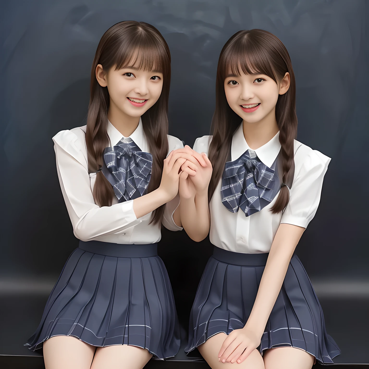 (Highest quality, masterpiece:1.2), Highest quality, High resolution, 1080P, 8k, height: 158cm, (Two **** Japanese beautiful idols are seated and touching hands together, facing each other, cute skirt with beautiful knees, putting her hands front and beautiful fingers, looking at the viewer, can't stop showing cute smile open mouth because of feeling too funny about the viewer, very white-white face, very proud of her long straight black hair, using face-whitening cosmetics, **** girl's prominent eyes, opened laughing giggling most open mouth, too expensive luxurious glossy feminine frilled ivory silk blouse, woolen navy-checkered-pleats-school-skirt and bewitching ribbon on the breast, well-straitened super-super-long well-trimmed long hair, evenly trimmed girly cute bangs: 1.5), (white thighs and knees: 1.7), (Well-balanced, impressive, lovely, drooping, double-eyelids, black shining large prominent eyes of **** idol with detailed: 1.5), ((Beautiful well-figured glossy opened laughing lips: 1.2)), (mature breast), (Girl whom everyone loves because of her beauty and beautiful eyes and lovely fashion and noble manner), (Very beautiful, super-glossy, cute neat black amazingly long hair, straight well-done long hair-style: 1.3), (plain blue background: 1.6), (Best style like a **** fashion model, mature breast), (((Completely balanced beautiful big big eyes, looking at me))), (eyes, face and hair are especially beautifully detailed and beautifully drawn: 1.5), (Satisfactory best shot by professional famous photographer for school girl's beauty: 1.5), (The soft white light clearly shows her face extremely white: 1.2), (Feel too luxurious and expensive, girly frilled), (School uniform, Twins, A pair of cute slender **** Japanese idols, Super long hair **** super-beautiful super-cute **** idol of pure pure girls photo magazine in Japan are touching hands together like classic dance: 2.0)