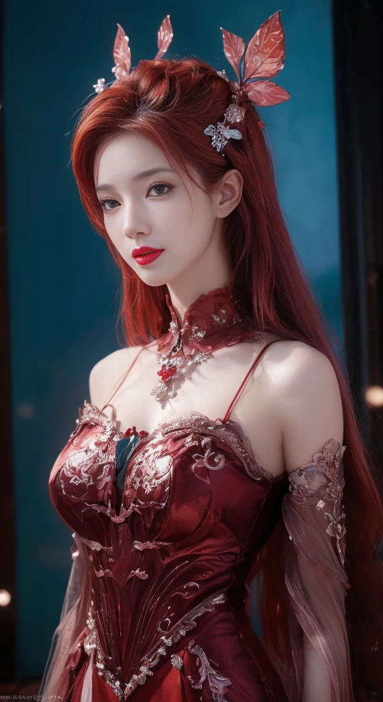 asian girl with red hair queen of hearts playing cards horror beautiful girl in queen outfit realistic red card crown straight straight hair card on neck blood evil woman villain
