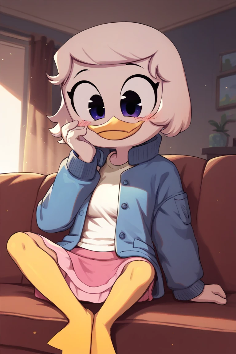 1chica, Alone, inside,  living room , sofa,  session, specific, beak, Webby Vanderquack, young, piel Blanca,  white hair, happy,  flirty smile , blush, Blue winter jacket, pink skirt,  white shirt with light pink stripe,  long hair ,  large breasts, blush,