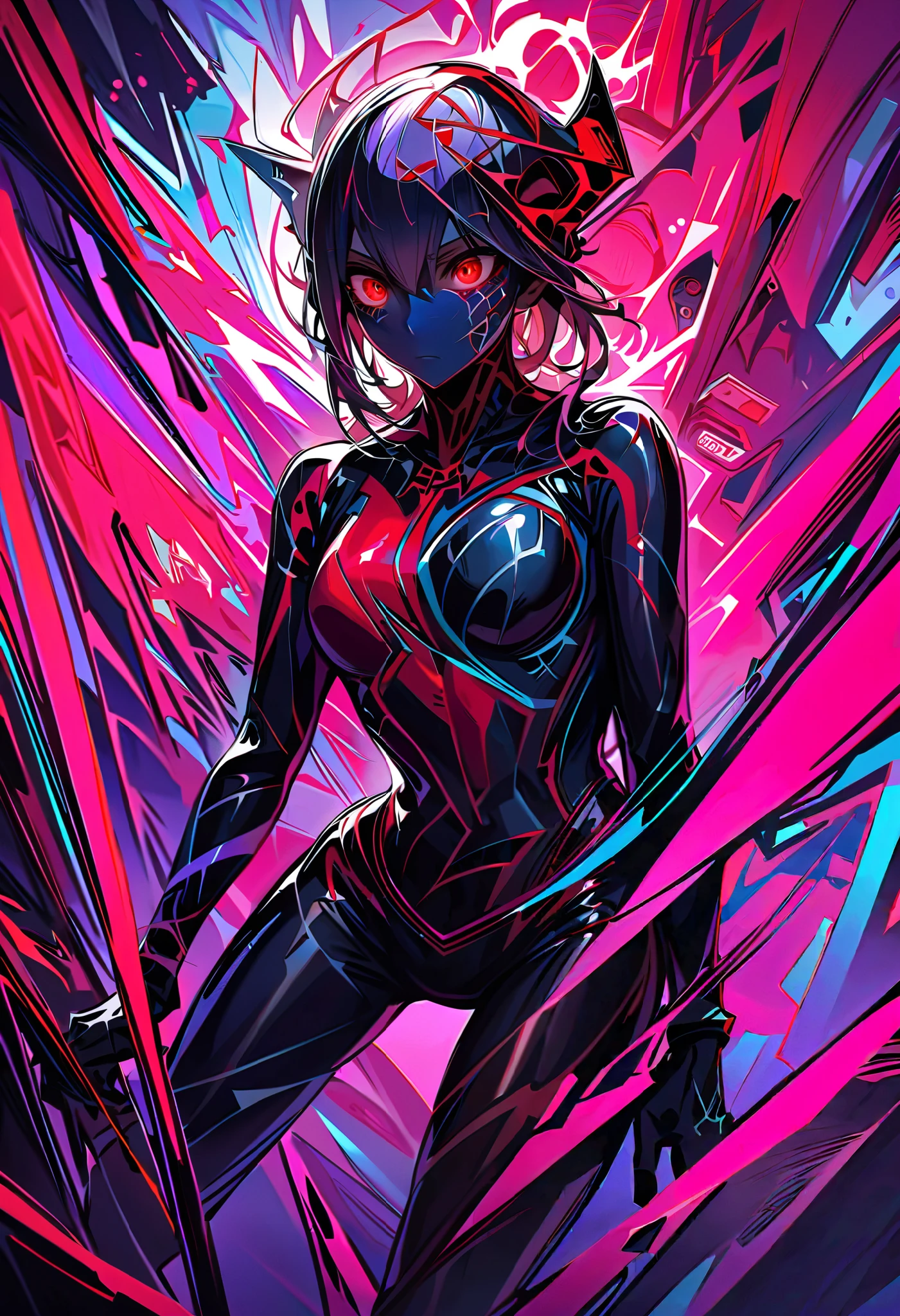 masterpiece ，  is the best quality， 8K， Digitally painting  ， 1 girl at home，  alone ， Stand up， youth， White hair， 长White hair， Headdress， Red Eyes， Round pupil，  her expressionless face  ， Bloodstained， Mechanical parts， electric wire， cable， Failure Effect， Shocking，  Science Fiction  ， Futuristic， The background is very dark ， neon，  Cyberpunk Characters  ，  Surrealism ， Weird， disturb， crawl ， Shocking，  Bodysuit  ，Red Eyes，venom，Blackened，Long Black Gloves  ，  Bodysuit  ， tight latex leggings，  emphasizes her graceful figure,Wrap the whole body，Symbiote，（（ Sexy highlights ）），  Bodysuit  ，Red Eyes，venom，Blackened，Long Black Gloves  ，  Bodysuit  ， Black latex costume ，Blood-Red Eyes，  is the best quality,  high resolution  ,  super detailed , Vivid texture, mask, tight latex leggings,  bangs,  purple hair,  blue eyes
