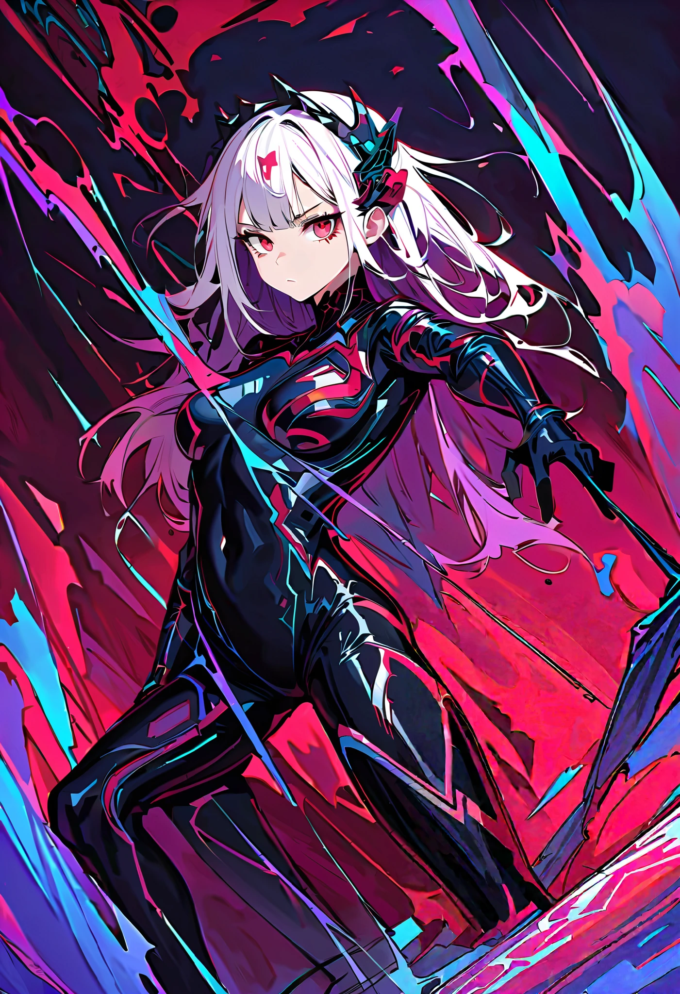 masterpiece ，  is the best quality， 8K， Digitally painting  ， 1 girl at home，  alone ， Stand up， youth， White hair， 长White hair， Headdress， Red Eyes， Round pupil，  her expressionless face  ， Bloodstained， Mechanical parts， electric wire， cable， Failure Effect， Shocking，  Science Fiction  ， Futuristic， The background is very dark ， neon，  Cyberpunk Characters  ，  Surrealism ， Weird， disturb， crawl ， Shocking，  Bodysuit  ，Red Eyes，venom，Blackened，Long Black Gloves  ，  Bodysuit  ， tight latex leggings，  emphasizes her graceful figure,Wrap the whole body，Symbiote，（（ Sexy highlights ）），  Bodysuit  ，Red Eyes，venom，Blackened，Long Black Gloves  ，  Bodysuit  ， Black latex costume ，Blood-Red Eyes，  is the best quality,  high resolution  ,  super detailed , Vivid texture, mask, tight latex leggings,  bangs,  purple hair,  blue eyes
