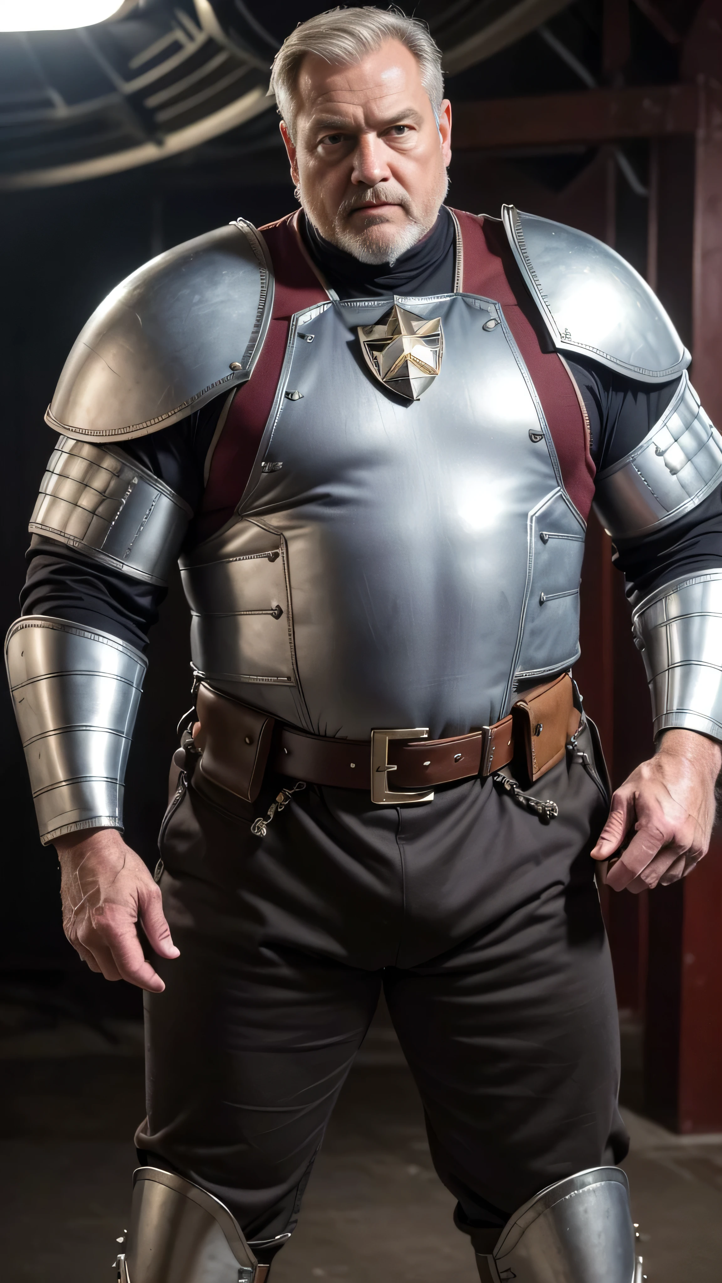 (best quality,4k,8k,highres,masterpiece:1.2), Appearance:age 60, white man Battlestar marshal, horny disgusting, muscular chubby, kind, mature daddy, hairy chest hard nipple.Clothing: armor uniform jacket, armor uniform Pants with big hard bulge, belt, boots. with his captain at Battlestar Bridge