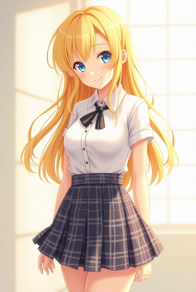 masterpiece, best quality, 1girl, very curly hair, blonde hair, shiny hair, tiara, diadem, medium breasts, narrow waist, looking at viewer, glossy lips, good lighting, latifa fleuranza, pouting, classroom, sitting, white shirt, pleated black skirt, white thigh highs