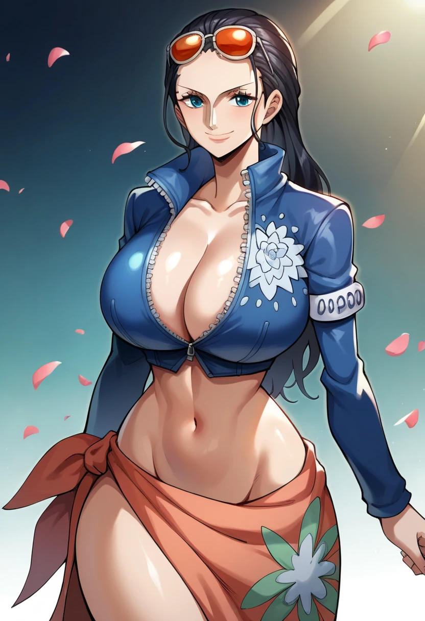 score_9, score_8_up, score_7_up, score_9, source_anime, BREAK  NicorobinSDXL, 1girl, solo, long hair, breasts, looking at viewer, smile, blue eyes, large breasts, black hair, navel, cleavage, closed mouth, standing, collarbone, blue jacket, short sleeves, cowboy shot, midriff, shiny, signature, stomach, crop top, petals, eyewear on head, zipper, cropped jacket,  sarong, zipper pull tab, tinted eyewear, hair slicked back, collared jacket, partially unzipped, nico robin, from above, huge breasts, huge ass, abnormally large ass, wide hips, huge thighs, uncensored, thicc