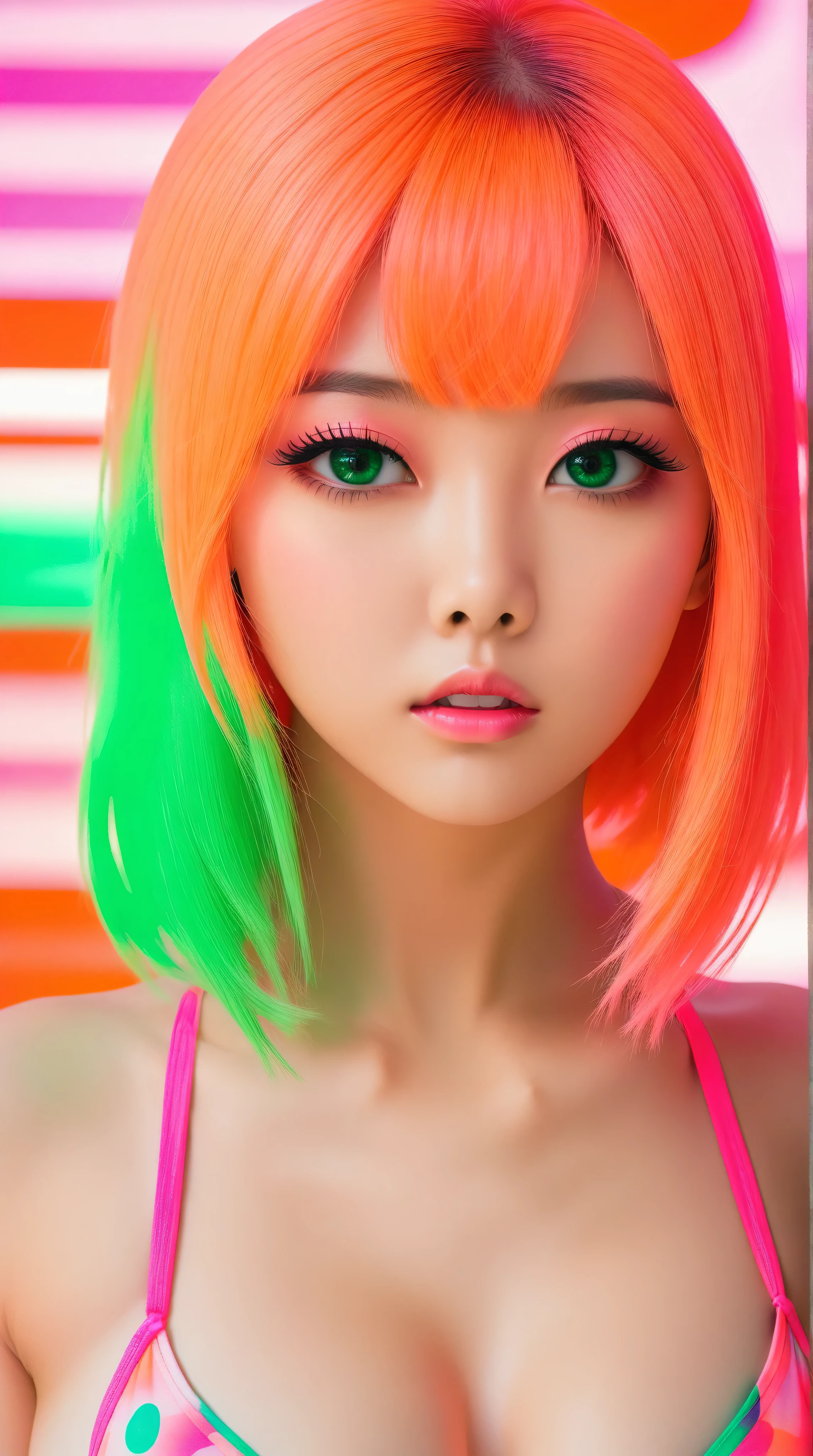 1girl, japanese girl, pink hair, big green eyes, ulzzang, open stance, middle hair, eye focus:1.3, upper body, gradient eyes:1.3, neon orange micro bikini:1.3, clear face:1.3, cute face, huge breasts, cleavage, neon abstract background:1.5, edgy graphic design