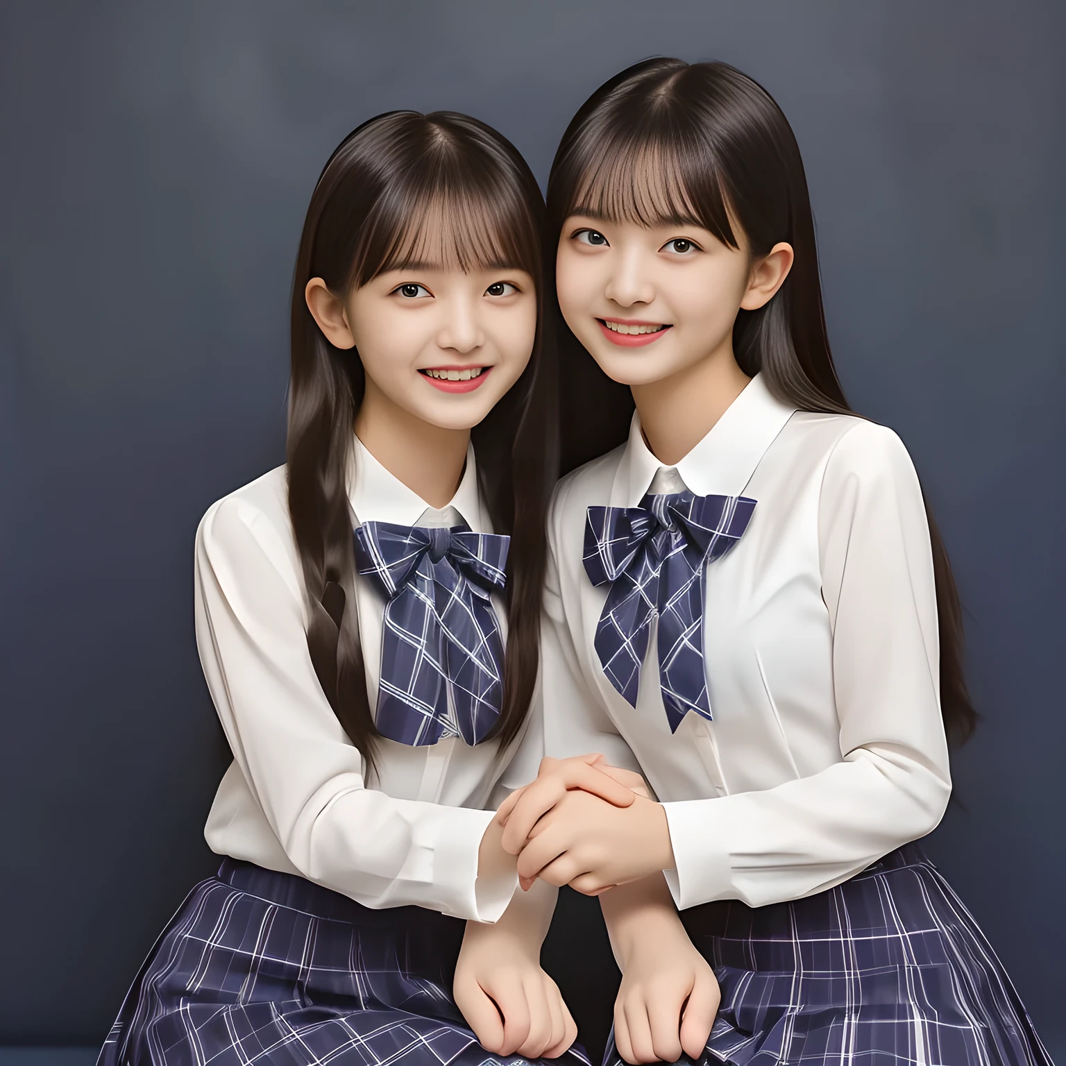 (Highest quality, masterpiece:1.2), Highest quality, High resolution, 1080P, 8k, height: 158cm, (Two **** Japanese beautiful idols are seated and touching hands together, facing each other, cute skirt with beautiful knees, putting her hands front and beautiful fingers, looking at the viewer, can't stop showing cute smile open mouth because of feeling too funny about the viewer, very white-white face, very proud of her long straight black hair, using face-whitening cosmetics, **** girl's prominent eyes, opened laughing giggling most open mouth, too expensive luxurious glossy feminine frilled ivory silk blouse, woolen navy-checkered-pleats-school-skirt and bewitching ribbon on the breast, well-straitened super-super-long well-trimmed long hair, evenly trimmed girly cute bangs: 1.5), (white thighs and knees: 1.7), (Well-balanced, impressive, lovely, drooping, double-eyelids, black shining large prominent eyes of **** idol with detailed: 1.5), ((Beautiful well-figured glossy opened laughing lips: 1.2)), (mature breast), (Girl whom everyone loves because of her beauty and beautiful eyes and lovely fashion and noble manner), (Very beautiful, super-glossy, cute neat black amazingly long hair, straight well-done long hair-style: 1.3), (plain blue background: 1.6), (Best style like a **** fashion model, mature breast), (((Completely balanced beautiful big big eyes, looking at me))), (eyes, face and hair are especially beautifully detailed and beautifully drawn: 1.5), (Satisfactory best shot by professional famous photographer for school girl's beauty: 1.5), (The soft white light clearly shows her face extremely white: 1.2), (Feel too luxurious and expensive, girly frilled), (School uniform, Twins, A pair of cute slender **** Japanese idols, Super long hair **** super-beautiful super-cute **** idol of pure pure girls photo magazine in Japan are touching hands together like classic dance: 2.0)