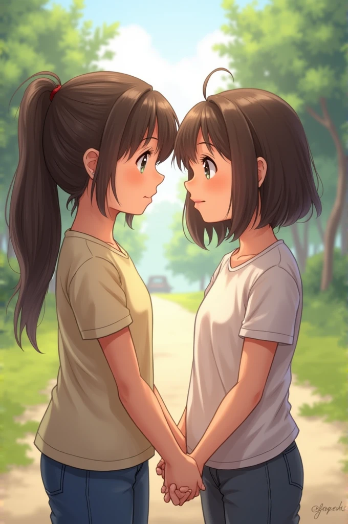 Image of a boy looking lovingly at a girl. The boy is wearing a shirt with the initial C and the girl is wearing a shirt with the initial R.