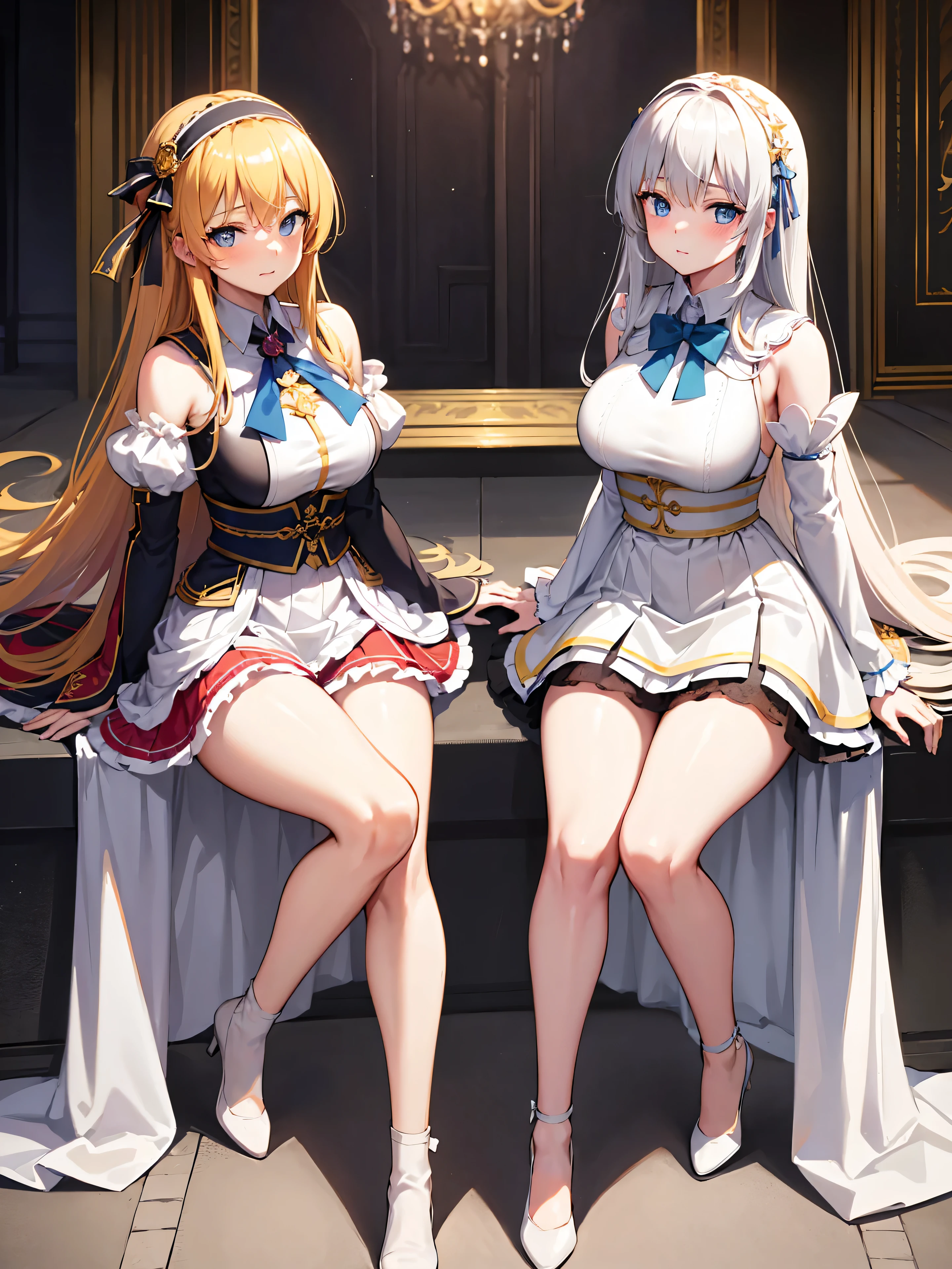 Highly detailed, high quality, masterpiece, beautiful, (all photo shooting), a girl, character Hildegard Minas Lestia, perfect eyes, blue eyes, light eyes, blushing face, happy face, big thighs, medium breast, long hair, yellow hair, gray metallic headband, bow on head, wearing red clothes, white short skirt, with guardian armor, sexy, shows full panties, background image in a palace