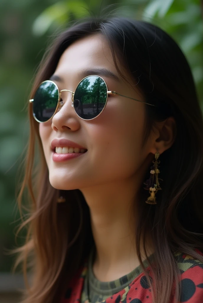 (masterpiece, best quality, ultra high res, beautiful detailed hair detailed face, perfect feminine face), xytely smiling, there is a woman with long hair and a white blouse wearing sunglasses and mask, an asian woman, asian girl, a young asian woman, south east asian with round face, asian female, beautiful asian girl, monas background, Indonesian's National Monument