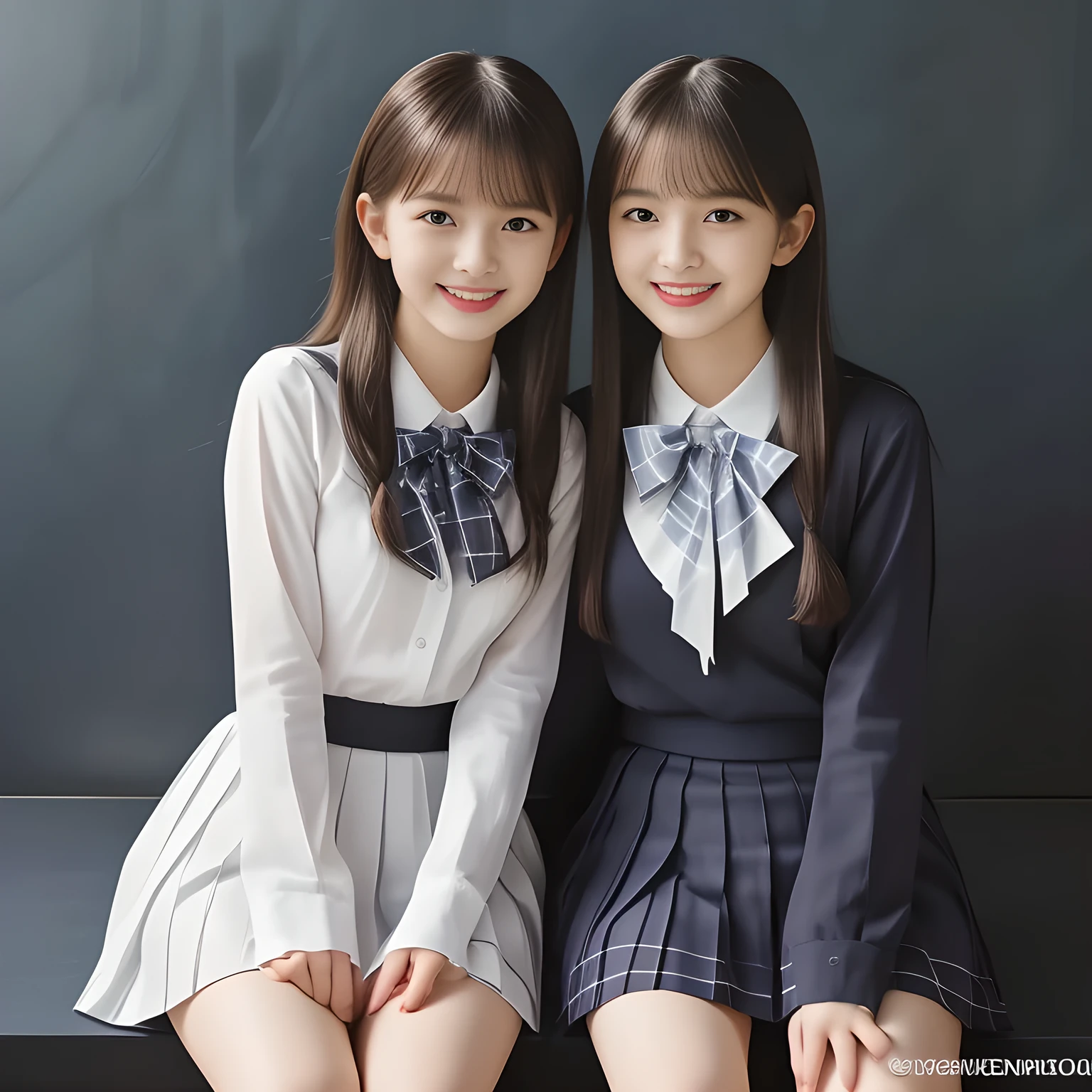 (Highest quality, masterpiece:1.2), Highest quality, High resolution, 1080P, 8k, height: 158cm, (Two 13yo Japanese beautiful idols are seated and touching hands together, facing each other, cute skirt with beautiful knees, putting her hands front and beautiful fingers, looking at the viewer, can't stop showing cute smile open mouth because of feeling too funny about the viewer, very white-white face, very proud of her long straight black hair, using face-whitening cosmetics, 13yo girl's prominent eyes, opened laughing giggling most open mouth, too expensive luxurious glossy feminine frilled ivory silk blouse, woolen navy-checkered-pleats-school-skirt and bewitching ribbon on the breast, well-straitened super-super-long well-trimmed long hair, evenly trimmed girly cute bangs: 1.5), (white thighs and knees: 1.7), (Well-balanced, impressive, lovely, drooping, double-eyelids, black shining large prominent eyes of 13yo idol with detailed: 1.5), ((Beautiful well-figured glossy opened laughing lips: 1.2)), (mature breast), (Girl whom everyone loves because of her beauty and beautiful eyes and lovely fashion and noble manner), (Very beautiful, super-glossy, cute neat black amazingly long hair, straight well-done long hair-style: 1.3), (plain blue background: 1.6), (Best style like a 14yo fashion model, mature breast), (((Completely balanced beautiful big big eyes, looking at me))), (eyes, face and hair are especially beautifully detailed and beautifully drawn: 1.5), (Satisfactory best shot by professional famous photographer for school girl's beauty: 1.5), (The soft white light clearly shows her face extremely white: 1.2), (Feel too luxurious and expensive, girly frilled), (School uniform, Twins, A pair of cute slender 13yo Japanese idols, Super long hair 13yo super-beautiful super-cute 13yo idol of pure pure girls photo magazine in Japan are touching hands together like classic dance: 2.0)