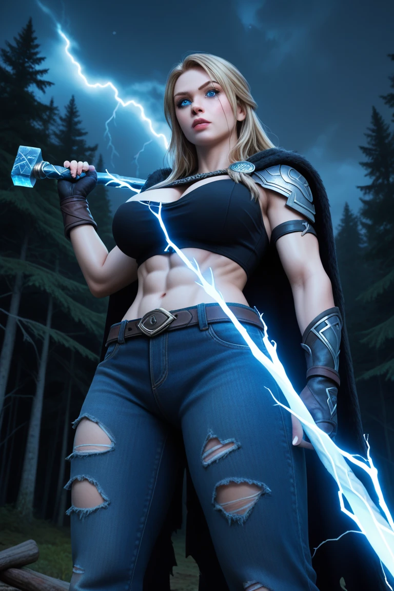 Score_9, Score_8, Score_7, At night, Night, Dark Sky, Fantasy, spooky forest, large forest, destroyed trees, (low angle), (from below), 
1Female, female Thor, ((Thor's hammer)), lightning  blue electricity, electricity coming out of eyes, blue glowing eyes, glowing veins, electricity in veins, Beautiful, Large breasts, natrual breasts, Large ass, tattoos, scars, gloves, holding,  hammer, ripped pants, ripped clothes, muscle tone, cloak, sheathed, foggy, close up, CINE