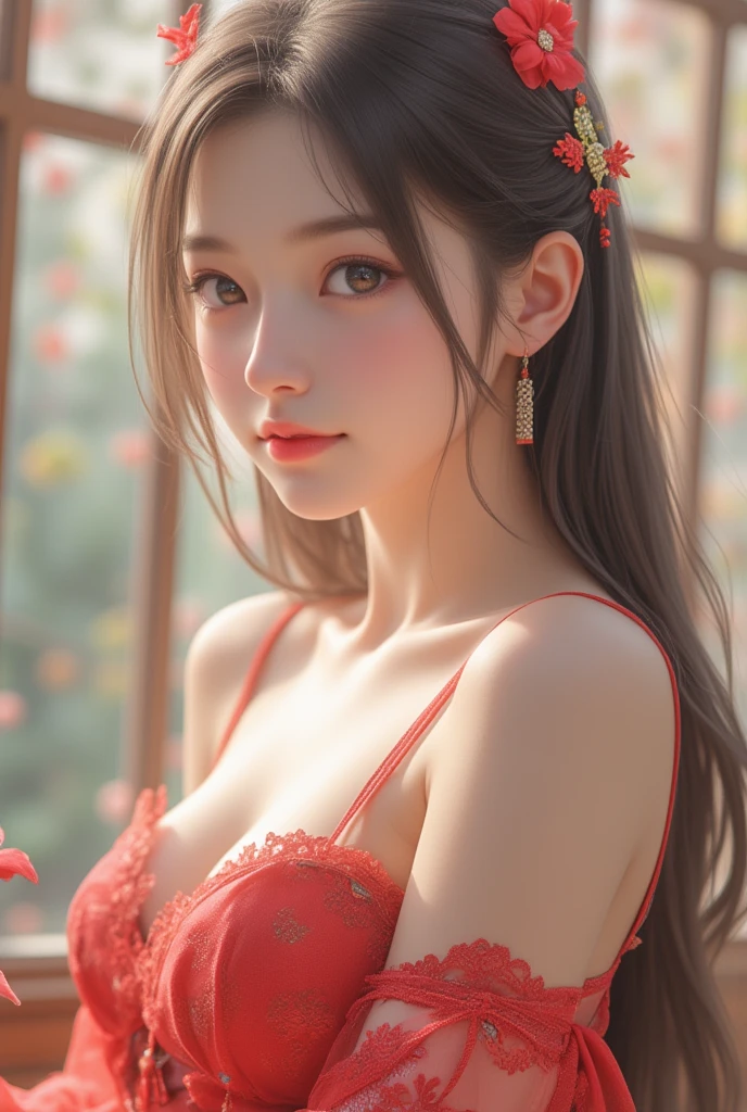 (CG 8k wallpapers are extremely detailed, masterpiece, best quality, Super detailed), (Better lighting, Better shadows, Extremely refined), floating, High Saturation, Dynamic angle, ((1 Girl)), Gorgeous, ningguang(orchid evening dress) white hair, Red Eyes, Very long hair, Hair accessories, Bangs