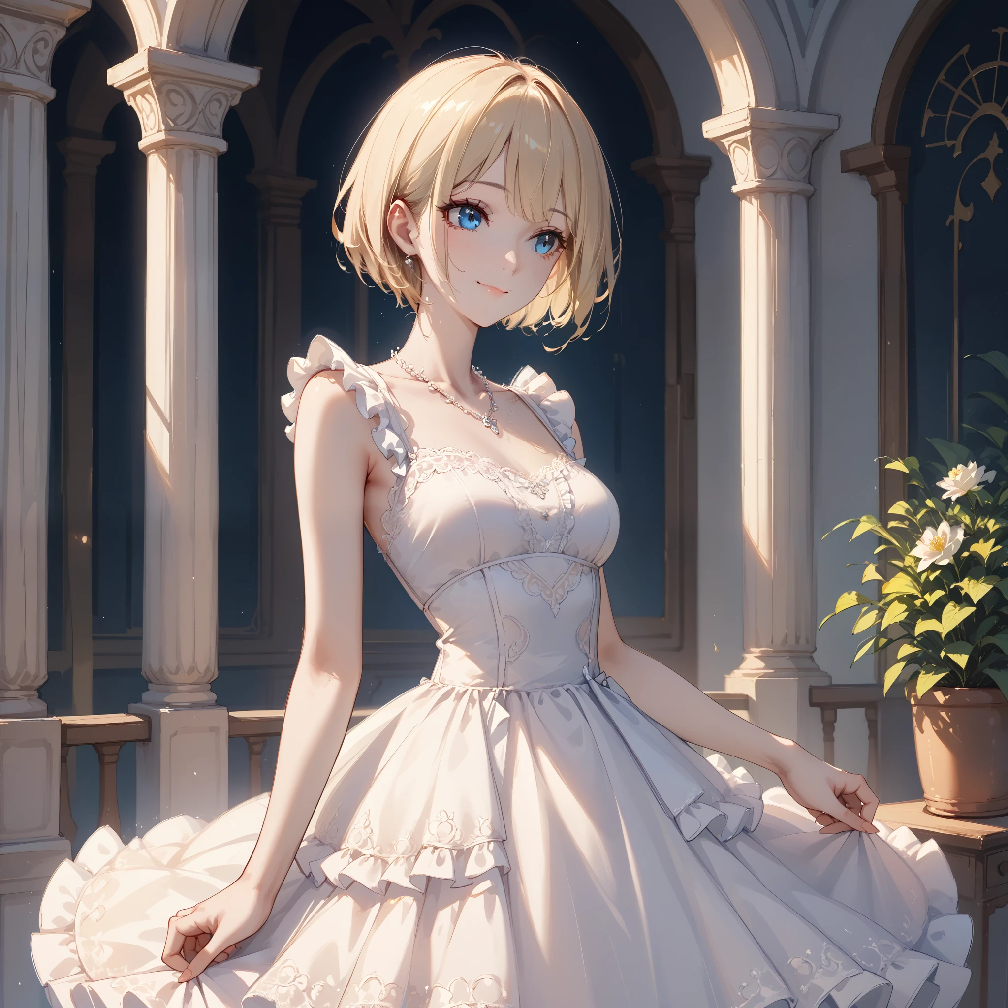 １A woman in her 30s、 short cut hair、 blue eyes、looking away、Blonde、closed-mouth smile、( smaller breasts)、 Slim Body 、 Wedding Style、Gorgeous white dress、White lace、White frills、white gorgeous necklace