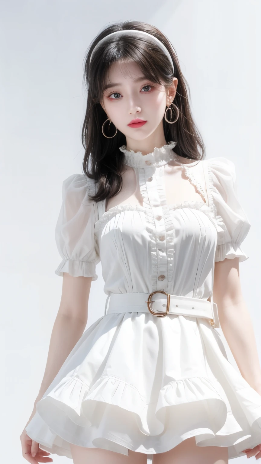 A close up of a woman wearing a white dress and a gold belt - SeaArt AI