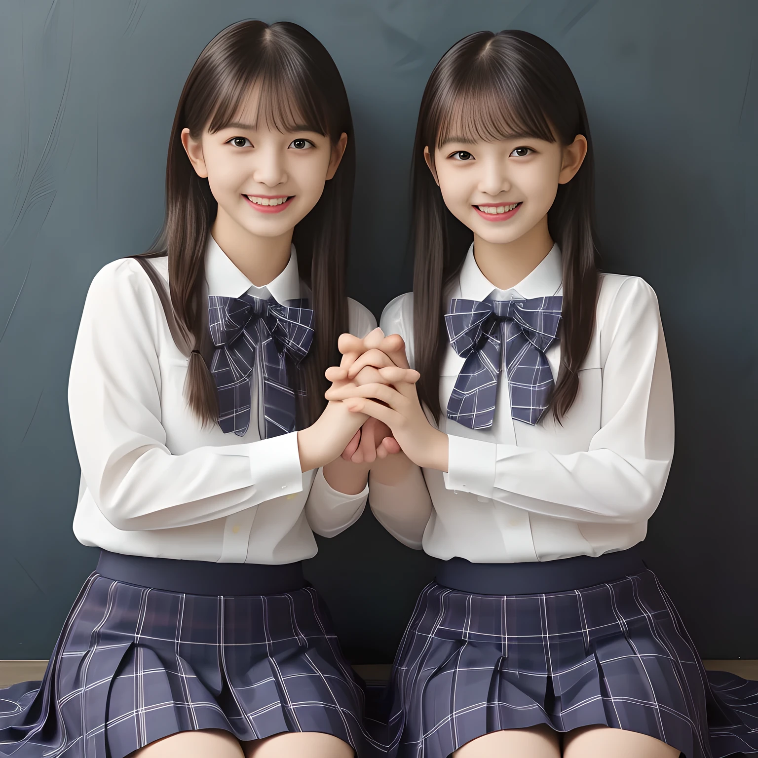 (Highest quality, masterpiece:1.2), Highest quality, High resolution, 1080P, 8k, height: 158cm, (Two yo Japanese beautiful idols are seated and touching hands together, facing each other, cute skirt with beautiful knees, putting her hands front and beautiful fingers, looking at the viewer, can't stop showing cute smile open mouth because of feeling too funny about the viewer, very white-white face, very proud of her long straight black hair, using face-whitening cosmetics, 13irl's prominent eyes, opened laughing giggling most open mouth, too expensive luxurious glossy feminine frilled ivory silk blouse, woolen navy-checkered-pleats-school-skirt and bewitching ribbon on the breast, well-straitened super-super-long well-trimmed long hair, evenly trimmed girly cute bangs: 1.5), (white thighs and knees: 1.7), (Well-balanced, impressive, lovely, drooping, double-eyelids, black shining large prominent eyes of 13yo il with detailed: 1.5), ((Beautiful well-figured glossy opened laughing lips: 1.2)), (mature breast), (Girl whom everyone loves because of her beauty and beautiful eyes and lovely fashion and noble manner), (Very beautiful, super-glossy, cute neat black amazingly long hair, straight well-done long hair-style: 1.3), (plain blue background: 1.6), (Best style like a 14yo fason model, mature breast), (((Completely balanced beautiful big big eyes, looking at me))), (eyes, face and hair are especially beautifully detailed and beautifully drawn: 1.5), (Satisfactory best shot by professional famous photographer for school girl's beauty: 1.5), (The soft white light clearly shows her face extremely white: 1.2), (Feel too luxurious and expensive, girly frilled), (School uniform, Twins, A pair of cute slender 13yo Japanese idols, Super long hair 13yo super-beautiful super-cute 13yo idol of pure pure girls photo magazine in Japan are touching hands together like classic dance: 2.0)