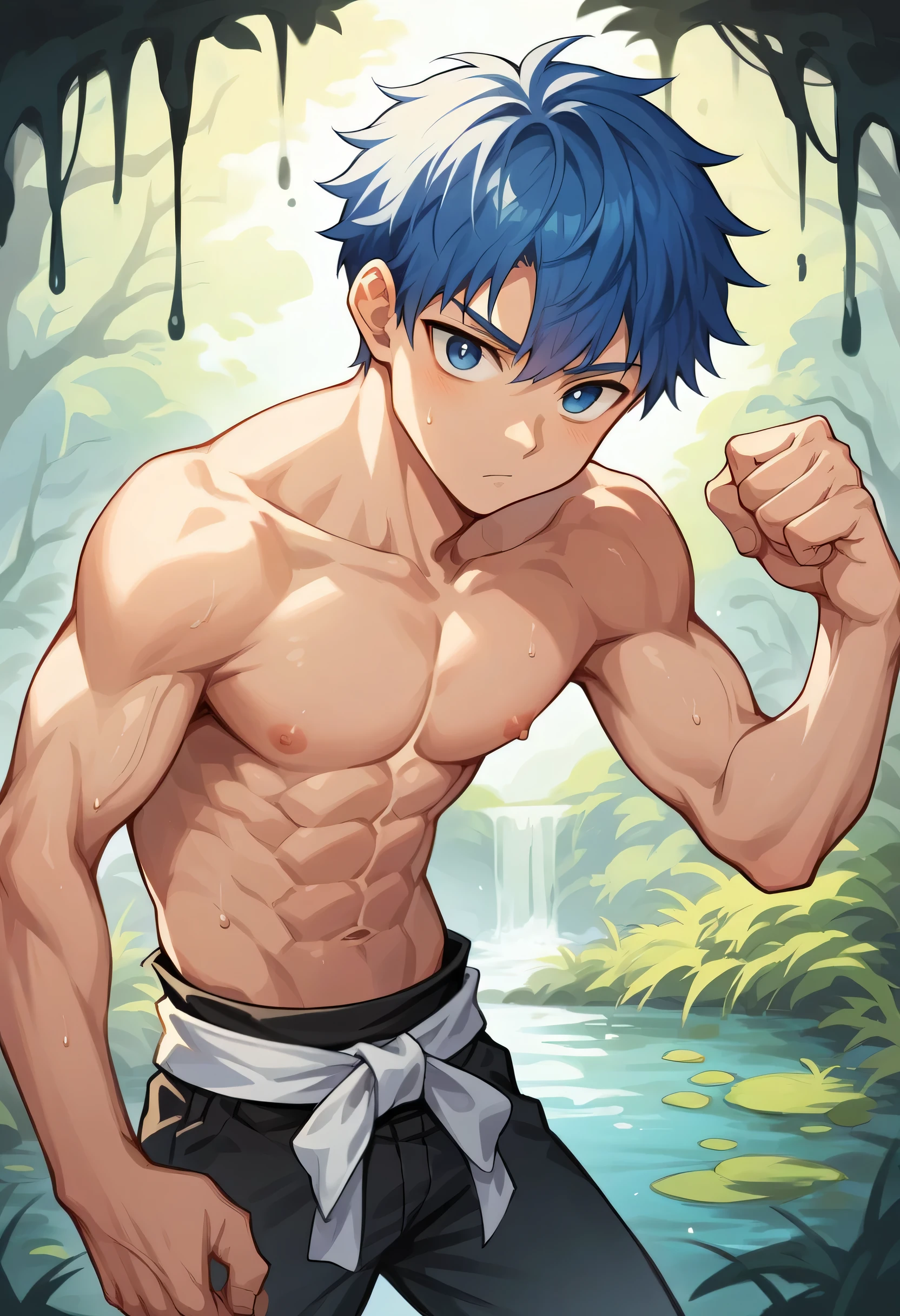 score_9, score_8_up, score_7_up, score_6_up, 1boy, solo. Young man of 20 years old; Straight hair, short hair, cobalt blue hair, blue eyes, expressive eyes, perfect face, young face, carefree expression; Slender but muscular body (good anatomy) gigachad, shirtless, topless in black martial arts pants, (Black pants) in a marsh, standing, looking at the viewer. On swamp. SWAMP.