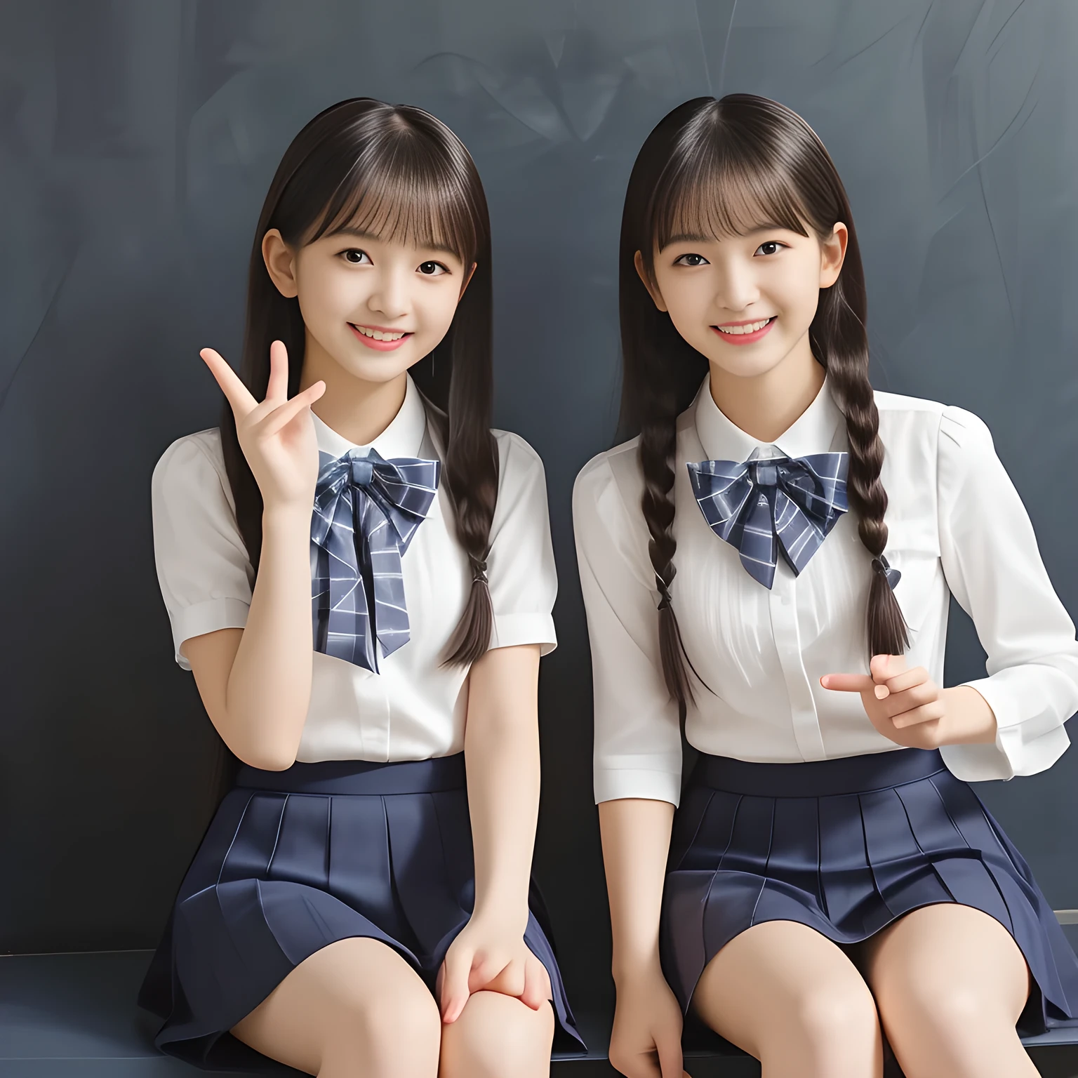 (Highest quality, masterpiece:1.2), Highest quality, High resolution, 1080P, 8k, height: 158cm, (Two yo Japanese beautiful idols are seated and touching hands together, facing each other, cute skirt with beautiful knees, putting her hands front and beautiful fingers, looking at the viewer, can't stop showing cute smile open mouth because of feeling too funny about the viewer, very white-white face, very proud of her long straight black hair, using face-whitening cosmetics, 13irl's prominent eyes, opened laughing giggling most open mouth, too expensive luxurious glossy feminine frilled ivory silk blouse, woolen navy-checkered-pleats-school-skirt and bewitching ribbon on the breast, well-straitened super-super-long well-trimmed long hair, evenly trimmed girly cute bangs: 1.5), (white thighs and knees: 1.7), (Well-balanced, impressive, lovely, drooping, double-eyelids, black shining large prominent eyes of 13yo il with detailed: 1.5), ((Beautiful well-figured glossy opened laughing lips: 1.2)), (mature breast), (Girl whom everyone loves because of her beauty and beautiful eyes and lovely fashion and noble manner), (Very beautiful, super-glossy, cute neat black amazingly long hair, straight well-done long hair-style: 1.3), (plain blue background: 1.6), (Best style like a 14yo fason model, mature breast), (((Completely balanced beautiful big big eyes, looking at me))), (eyes, face and hair are especially beautifully detailed and beautifully drawn: 1.5), (Satisfactory best shot by professional famous photographer for school girl's beauty: 1.5), (The soft white light clearly shows her face extremely white: 1.2), (Feel too luxurious and expensive, girly frilled), (School uniform, Twins, A pair of cute slender 13yo Japanese idols, Super long hair 13yo super-beautiful super-cute 13yo idol of pure pure girls photo magazine in Japan are touching hands together like classic dance: 2.0)