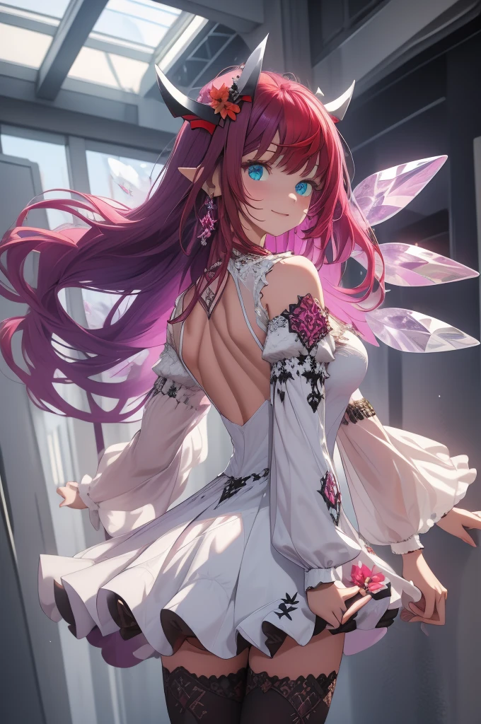 IrysBase, heterochromia, long hair, double halo, detached wings, white dress, detached sleeves, bare shoulders, flower, purple thighhighs, laugh, looking at camera