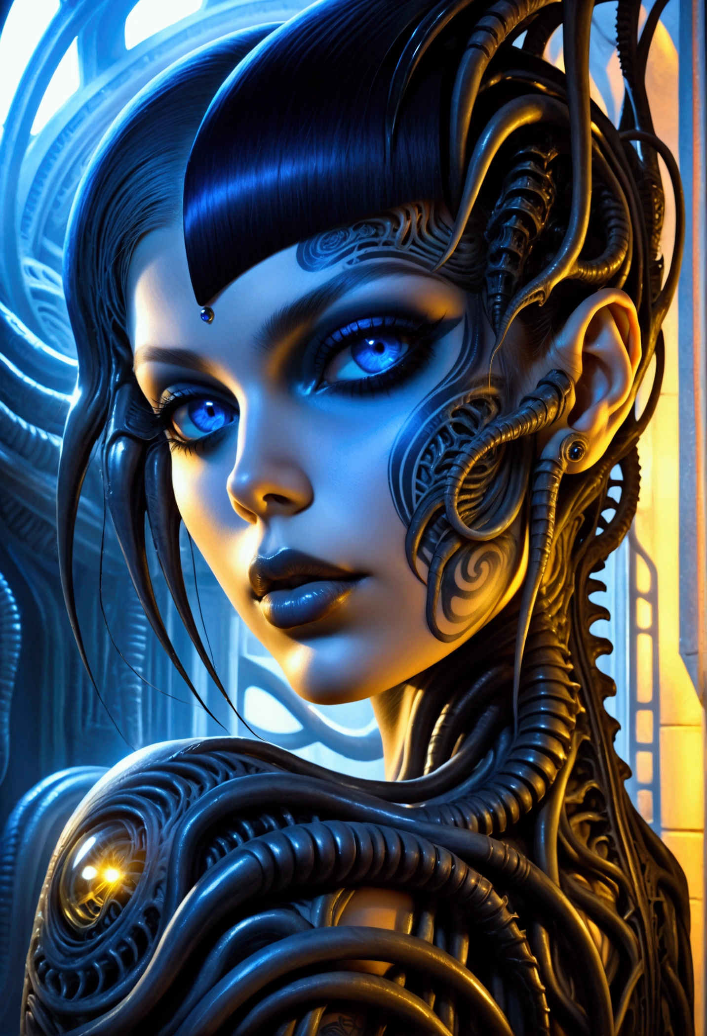 Hr giger tattooed sexy seductive dead girl. Sapphire eyes,