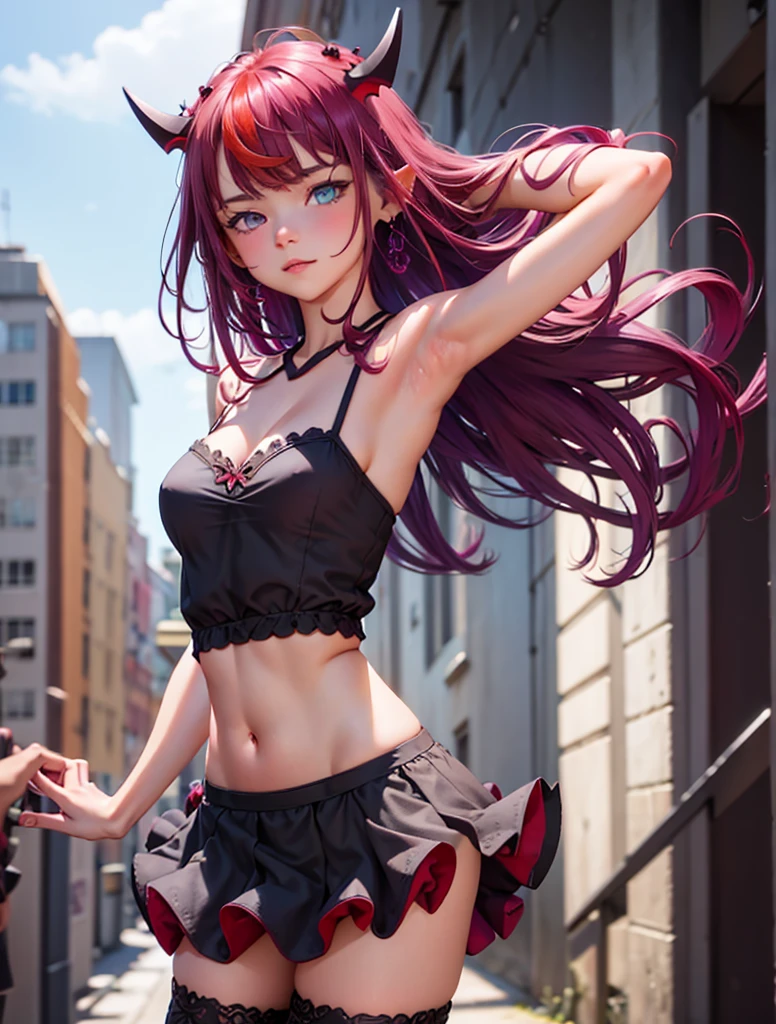 IrysUnderwear, heterochromia, long hair, black dress, sleeveless dress, short dress, purple thighhighs, gradient legwear, looking at viewer, dancing, fashion model pose, looking at viewer