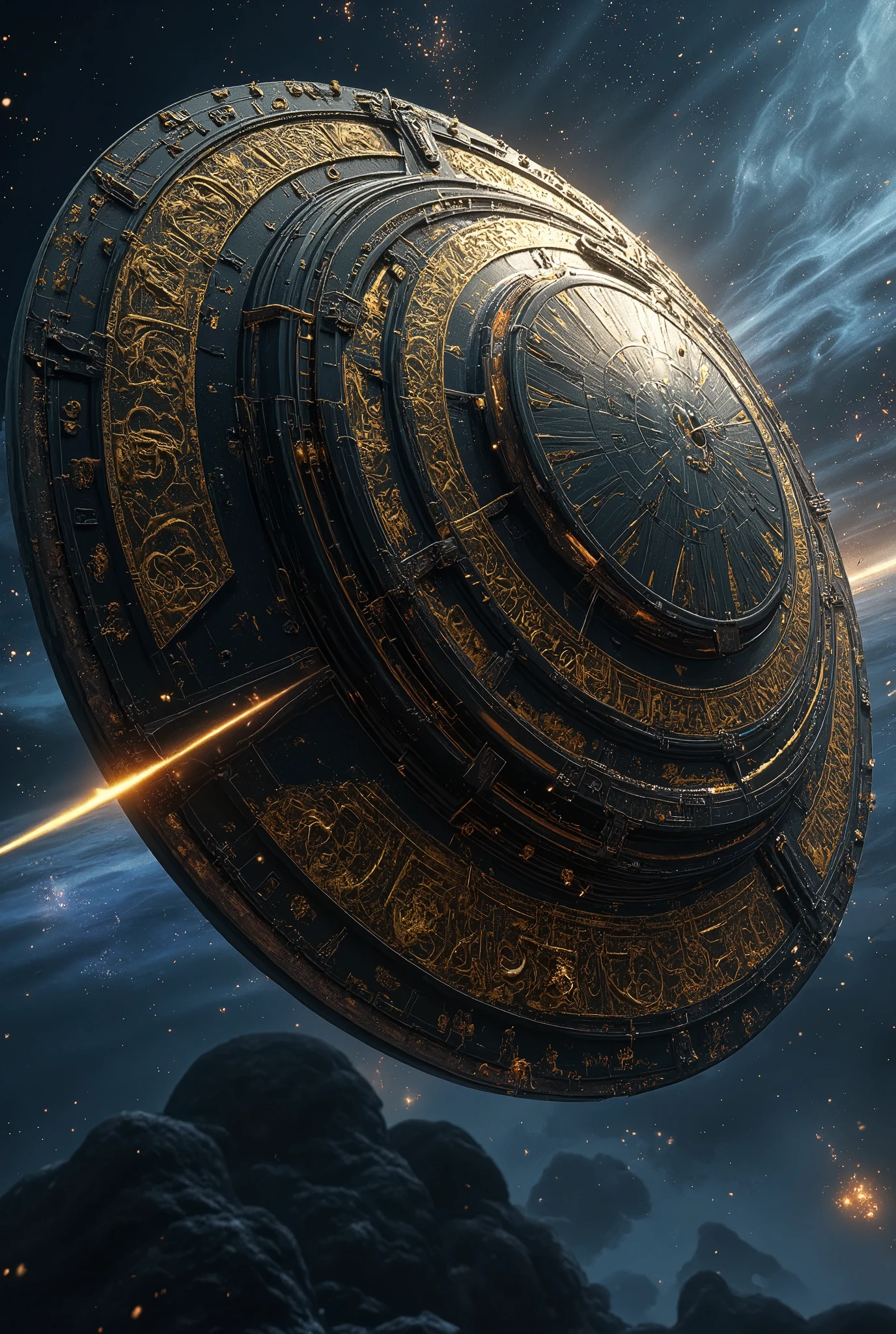 Sci-fi cinematic scene, interstellar space background, giant annulus-shape spaceship. Golden runes and cybernectic line decorate, Grimmdark, mechanical. (Ultra-realistic, 32k, Masterpiece, High Quality, Detailed Realistic Background, Official Art, Realistic Lighting, filmfotos, film grain, reversal film photography)