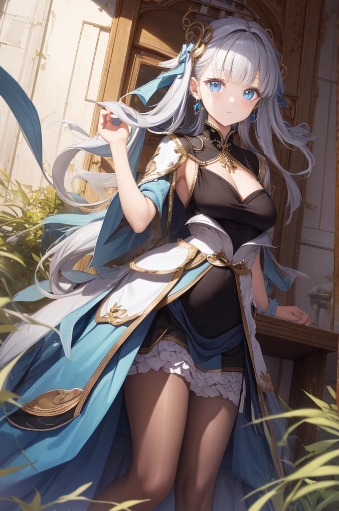 (best quality,4K,8k,high resolution,masterpiece:1.2),Extremely detailed,milf,,magic,enchanting,joy,Divine goddess,magical effect,Silver hair,blue eyes,Transparent dress,Exquisite decoration,Features of the magical costumes of the heavens，A small amount of sky blue cloth,Exquisite clothing,Layered Skirt,detailed lace,Delicate ruffles,bedroom,alone,at night,Lace pantyhose,Sacred stripes,Transparent clothing,Jewelry embellishments，Boots，fantastic clothes