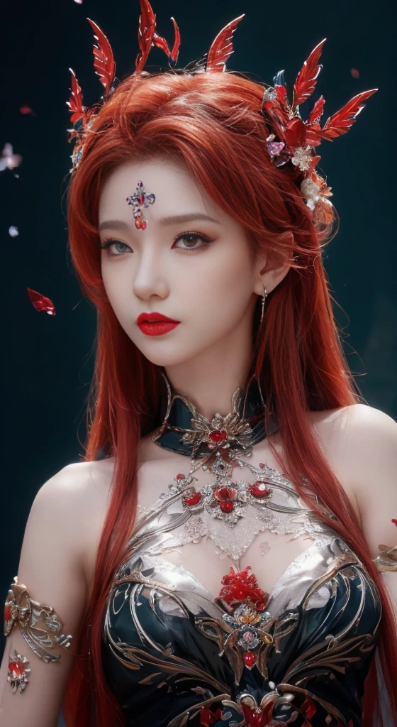 a woman in a black dress holding a flower in her hands, Red-hair, guweiz, ethereal beauty, ((a beautiful fantasy empress)), Beautiful character painting, guweiz style artwork, a beautiful fantasy empress, palace , A girl in Hanfu, A stunning portrait of a goddess, by Yang J, Por Li Song, beautiful animated portrait, ginger hair, green eyes, Asian, Red hair, princess of the chinese dynasty