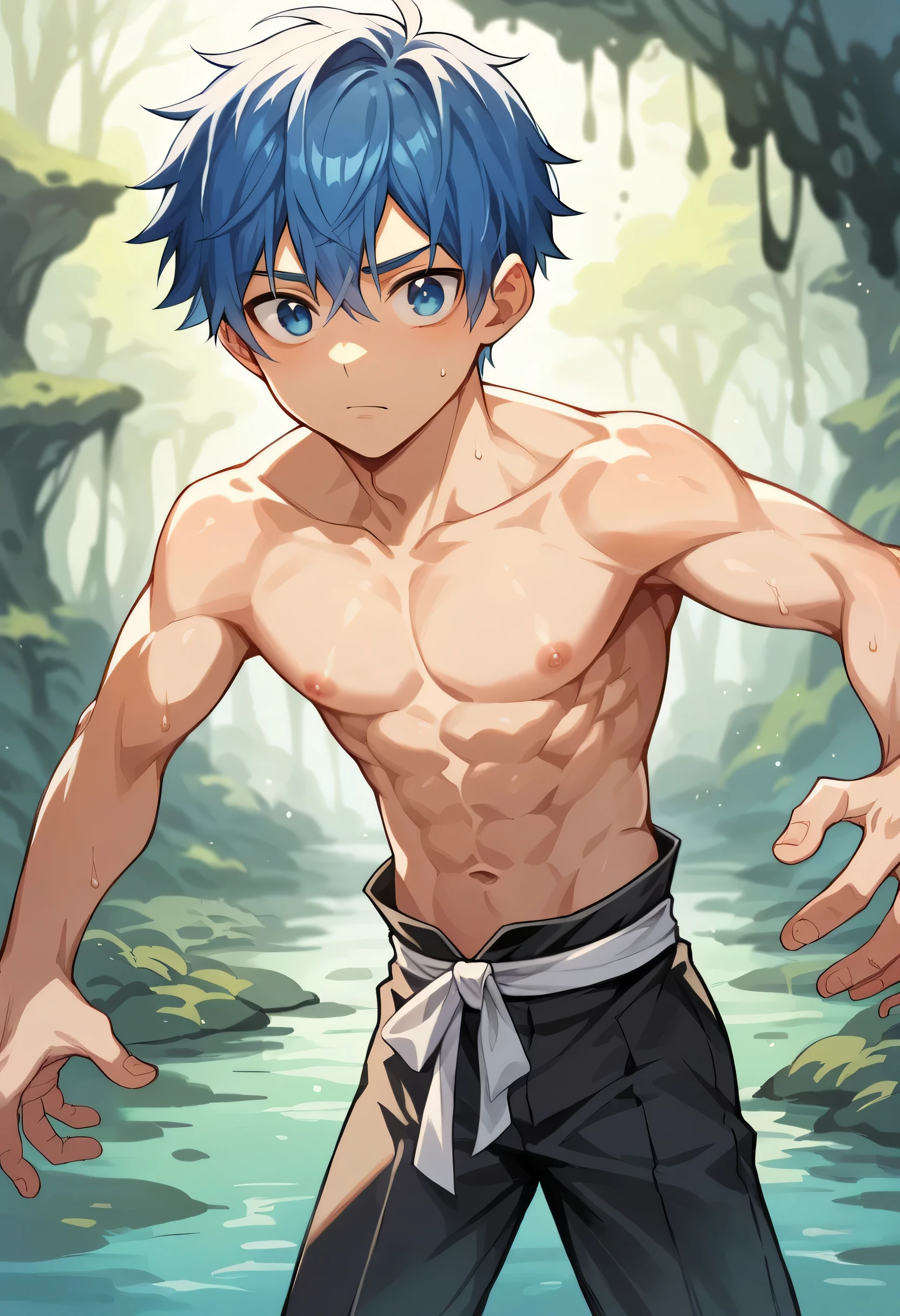 score_9, score_8_up, score_7_up, score_6_up, 1boy, solo. Young man of 20 years old; Straight hair, short hair, cobalt blue hair, blue eyes, expressive eyes, perfect face, young face, carefree expression; Slender but muscular body (good anatomy) gigachad, shirtless, topless in black martial arts pants, (Black pants) in a marsh, standing, looking at the viewer. On swamp. SWAMP.