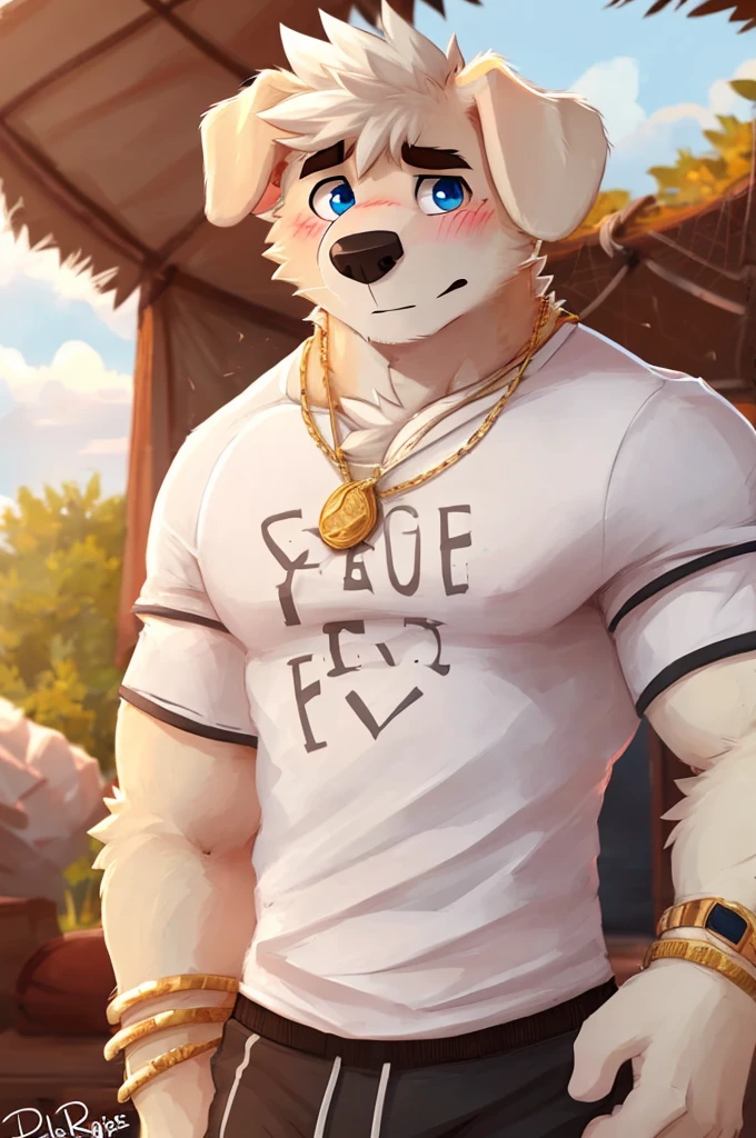 alone, male (((retriever  , muscle t-shirt, piel Blanca, colored skin, black eyebrows, black nose, Blue eyes, folded ears,  nervous expression  , blush, gold necklace, Golden bracelets ,  thin waist ))) Standing, 5 fingers,  tribal tent  ((  Focus on eyes  ,  white body focus , focus piel Blanca, focus 5 fingers, focus gold necklace, )) ((  Looking at his penis  )),  full body ,  perfect anatomy ,  adult character  ,  underwear , por pache riggs