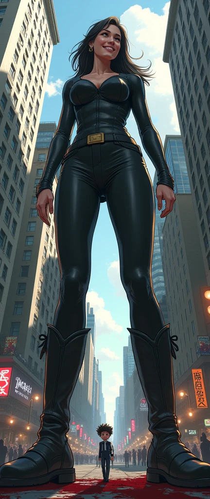 
Low perspective  drawing of a dark-haired young giantess woman depicted as a giant among city skyscrapers. She is wearing a black outfit with riding boots. The character is looking down at the cityscape with a grin smirk. The character towers over the buildings, with a sense of scale and proportion to emphasize her immense size relative to the city. Tiny people are trampled under her steps, with blood splattered over her shoes.