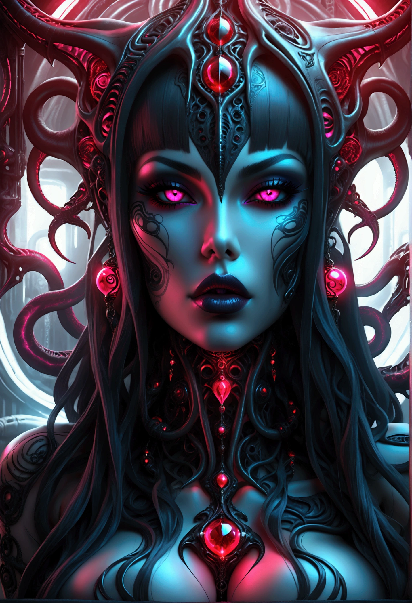 Create an image of Stunningly gorgeous beautiful perfect hr giger tattooed sexy seductive demonic girl, Stunningly gorgeous perfect flawless sexy face, hyper detailed neon ruby ornaments, large firm breasts, full body view, nude, no color black and gray only,