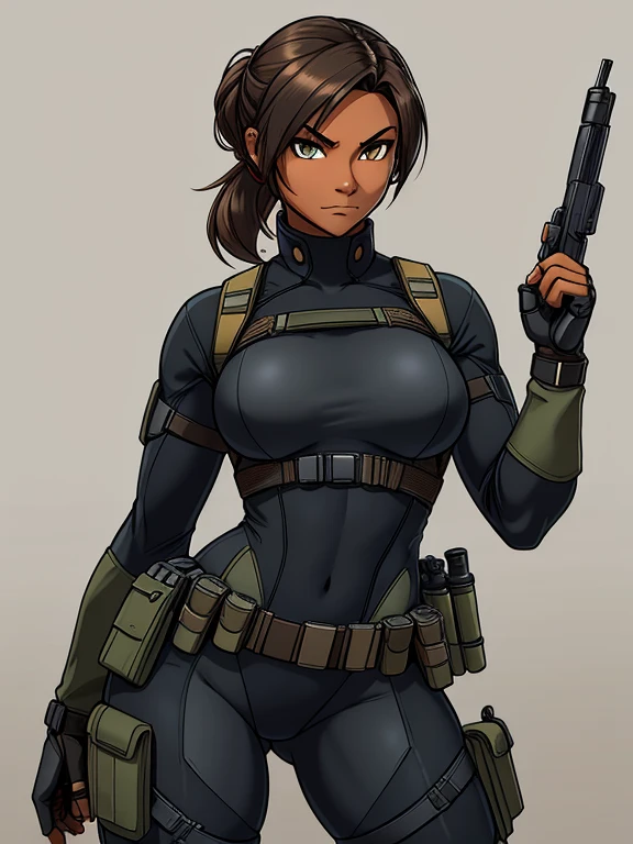 a cartoon picture of a woman in a green jacket and black pants, d & d style full body portrait, in a dark space mercenary outfit, rpg portrait full body, anya from spy x family, full body illustration, full body portrait of a short!, revy from black lagoon, valkyrie style character, dark natasha, dieselpunk soldier girl