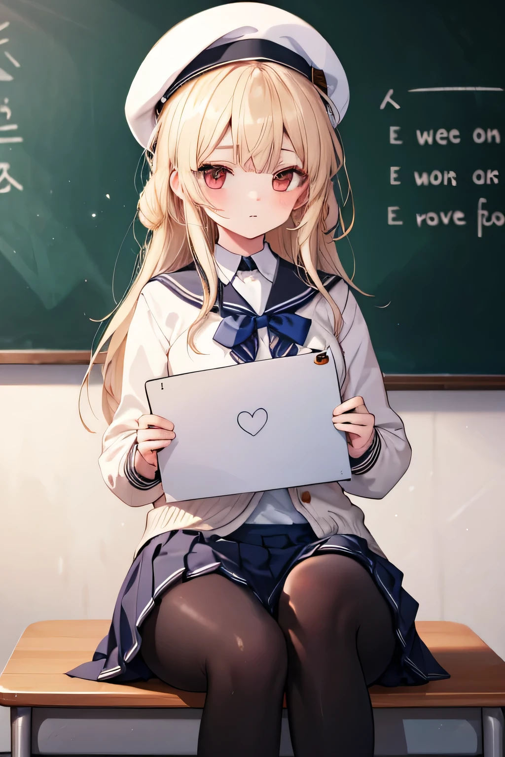 young girl ,white beret,  school uniform, sitting, school fund, school fund(classroom), pantyhose, complete anatomy, graphic effects, first person,  holding a white board with the text in Spanish "I love Elandir" and showing it to the other  