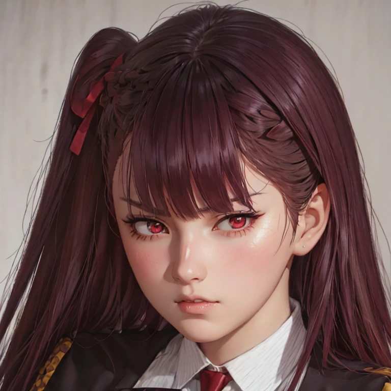   There is a woman with long hair who wears a suit and tie., colegiala hiperrealistic, a colegiala hiperrealistic, Realistic young anime girl  ,  anime style realism  ,  estilo de arte anime realistic ,  estilo de arte de anime realistic , Estilo anime 3D realistic, portrait of an anime girl,   artwork in the style of Guweiz  , Detailed portrait of an anime girl,  incredible anime face portrait .  model,  of German origin (beautiful,elegant,sexy)  y Asian  (beautiful,sexy,linda) ,  Just looking at the viewer , (realistic:1.4), (:1.0), red eyes,  Round pupils  (perfecta), eyelashes(perfecta),form (perfecta),form(better light), pretty eyes, shirt, jacket, red tie, ( burgundy hair color  ), Braid, (one side up:1.2), (  hair band  ), (blush, ashamed), (while getting angry),(Detailed, ultra-Detailed, high Detailed, ultra realistic 8k CG,  perfect artwork, lyrical), wooden table, flores, information, whitout earning