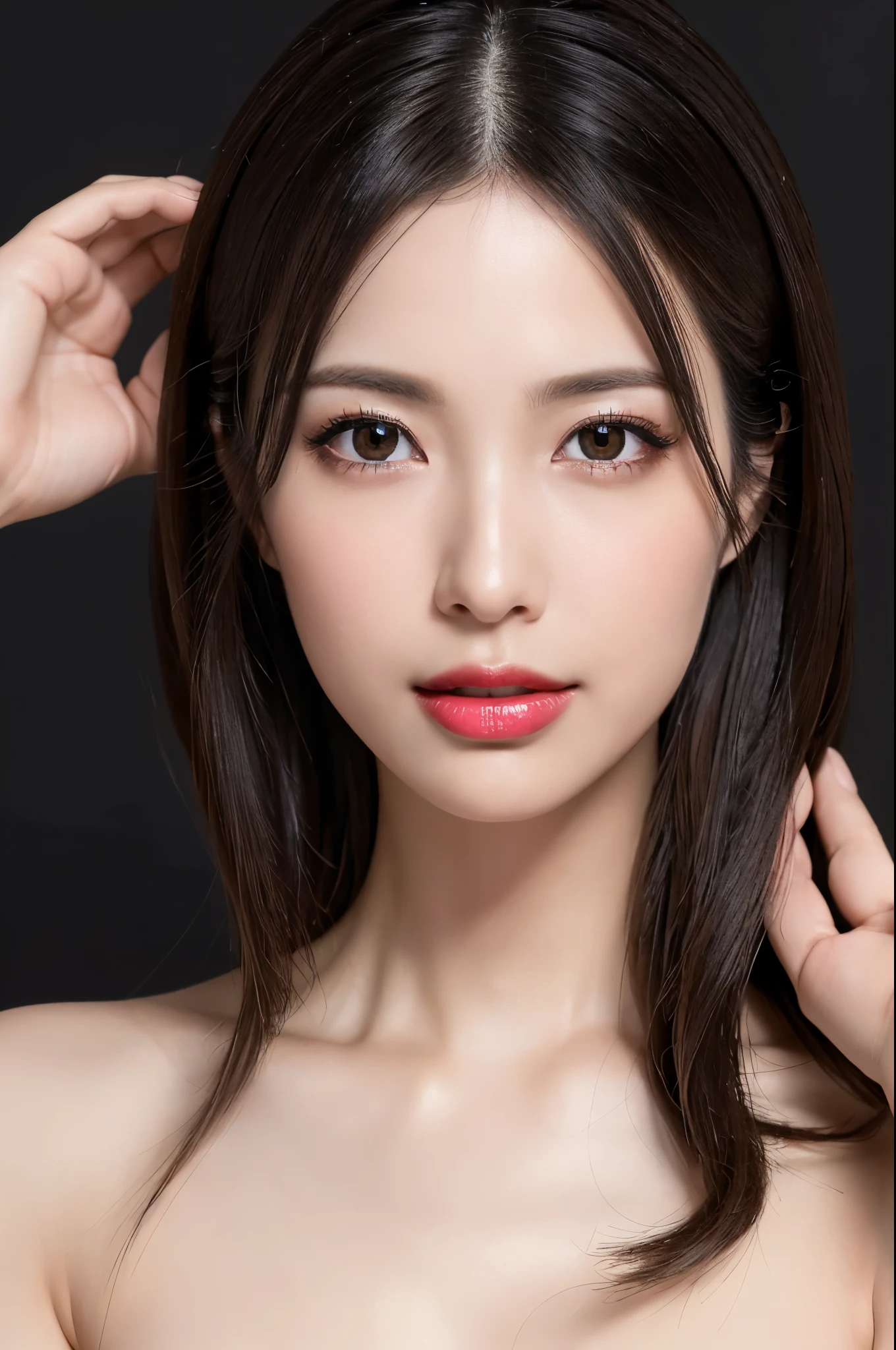 (Highest quality、Tabletop、8k、Best image quality、Award-winning works)、Cute beauty、(nude:1.3)、(The simplest pure black background:1.5)、(Face close-up:1.6)、Beautiful and exquisite、Expressionless、(look straight at me:1.1)、(stand upright facing forward:1.1)、(Perfect Makeup:1.1)、(Bright lipstick:1.1)、Ultra-high definition beauty face、Ultra HD Hair、Ultra HD Shining Eyes、Ultra-high quality, vibrant and glossy lip color、Accurate anatomy、Very beautiful skin、Ultra high resolution and beautiful, Glowing Skin、An elegant upright posture when viewed from the front、Sweaty skin、Hot face、Damp Hair、Moist Skin、Body facing straight ahead