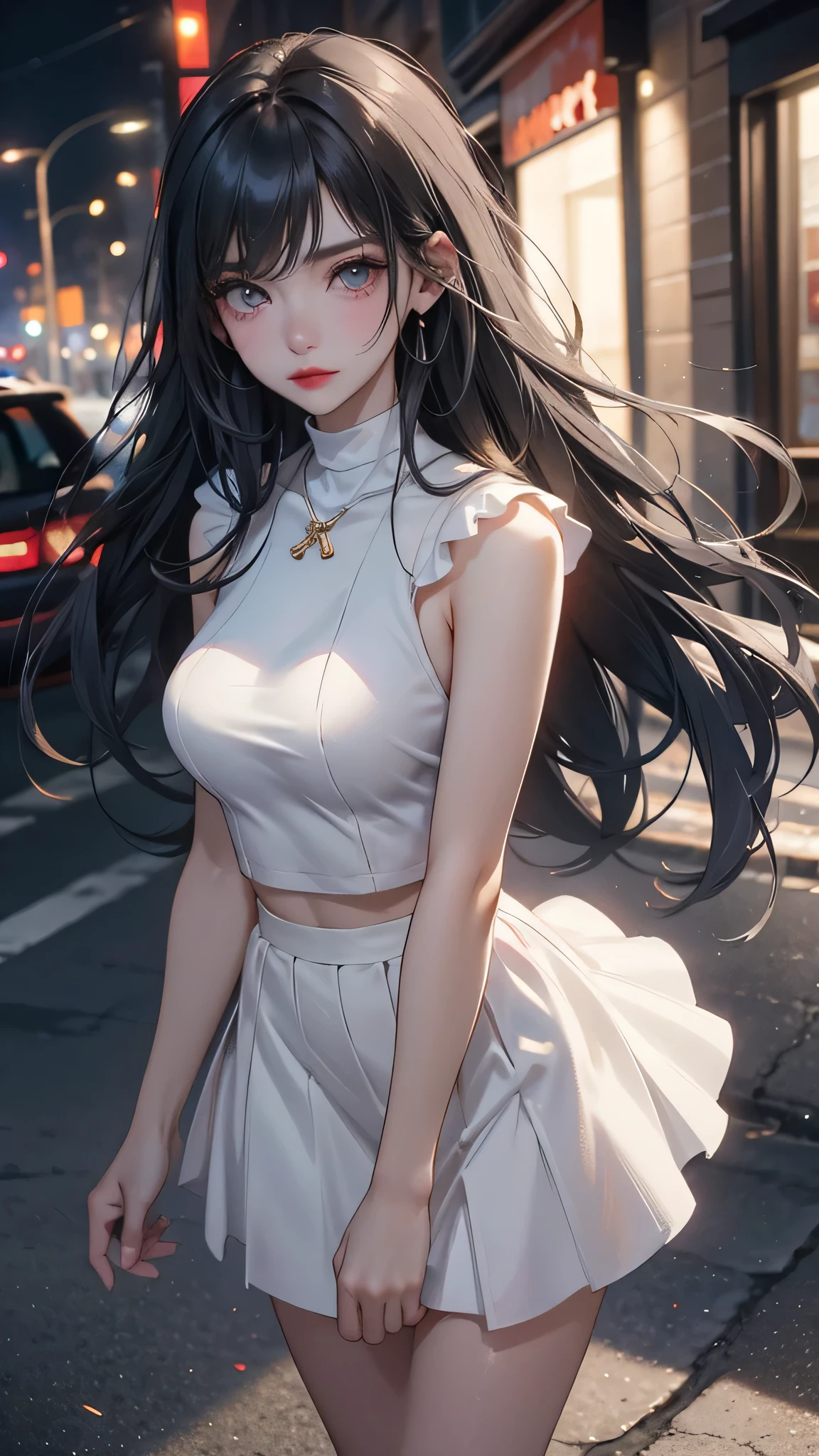 (masterpiece:1.2),(absurdres:1.2),(best quality:1.2),(looking at viewer),
shiny skin,very long hair,bangs,
sleek,
thighhighs,
cowboy shot,
dress,
outdoors, night,
city,
hand behind head,
black hair, black eyes, (white|black theme), medium breasts,
joyful face,