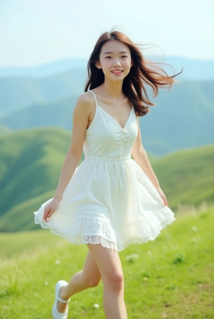 grassland、one piece、Fluffy lace、The wind is blowing、hat、smile、Beautiful legs、手を差し出す、ネイルが見える