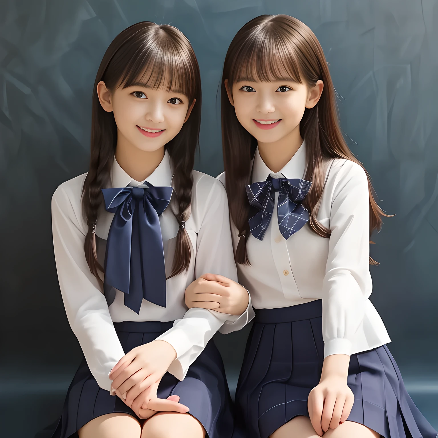 (Highest quality, masterpiece:1.2), Highest quality, High resolution, 1080P, 8k, height: 158cm, (Two **yo Japanese beautiful idols are seated and touching hands together, facing each other, cute skirt with beautiful knees, putting her hands front and beautiful fingers, looking at the viewer, can't stop showing cute smile open mouth because of feeling too funny about the viewer, very white-white face, very proud of her long straight black hair, using face-whitening cosmetics, **** girl's prominent eyes, opened laughing giggling most open mouth, too expensive luxurious glossy feminine frilled ivory silk blouse, woolen navy-checkered-pleats-school-skirt and bewitching ribbon on the breast, well-straitened super-super-long well-trimmed long hair, evenly trimmed girly cute bangs: 1.5), (white thighs and knees: 1.7), (Well-balanced, impressive, lovely, drooping, double-eyelids, black shining large prominent eyes of **yo idol with detailed: 1.5), ((Beautiful well-figured glossy opened laughing lips: 1.2)), (mature breast), (Girl whom everyone loves because of her beauty and beautiful eyes and lovely fashion and noble manner), (Very beautiful, super-glossy, cute neat black amazingly long hair, straight well-done long hair-style: 1.3), (plain blue background: 1.6), (Best style like a **yo fashion model, mature breast), (((Completely balanced beautiful big big eyes, looking at me))), (eyes, face and hair are especially beautifully detailed and beautifully drawn: 1.5), (Satisfactory best shot by professional famous photographer for school girl's beauty: 1.5), (The soft white light clearly shows her face extremely white: 1.2), (Feel too luxurious and expensive, girly frilled), (School uniform, Twins, A pair of cute slender 13yo Japanese idols, Super long hair 13yo super-beautiful super-cute 13yo idol of pure pure girls photo magazine in Japan are touching hands together like classic dance: 2.0)