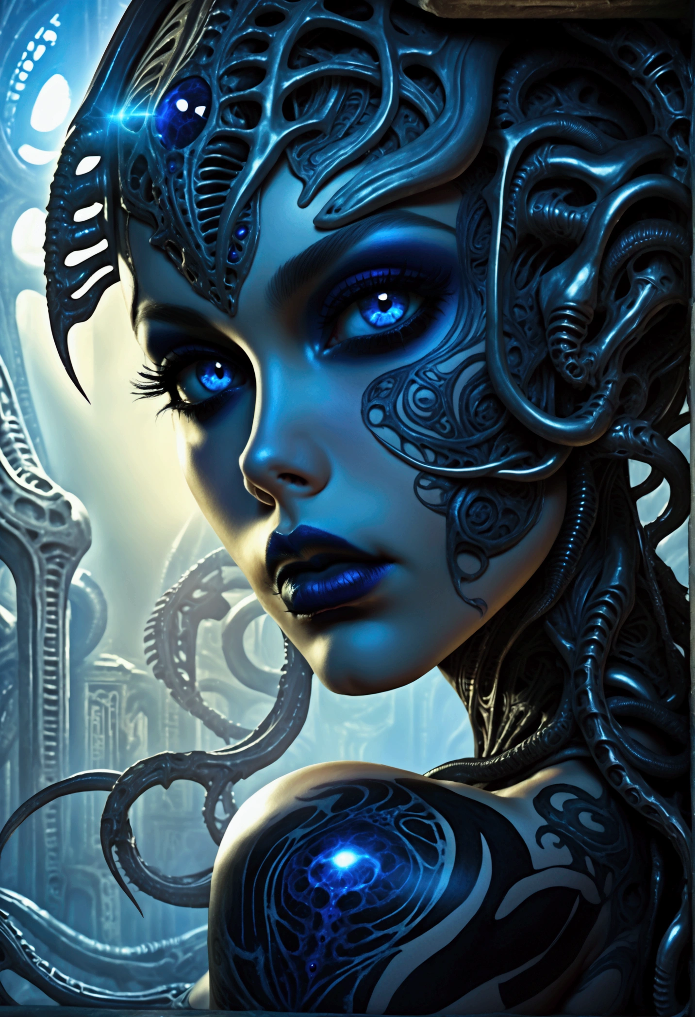 Hr giger tattooed sexy seductive dead girl, perfect face, hyper detailed neon sapphire eyes, full body view,