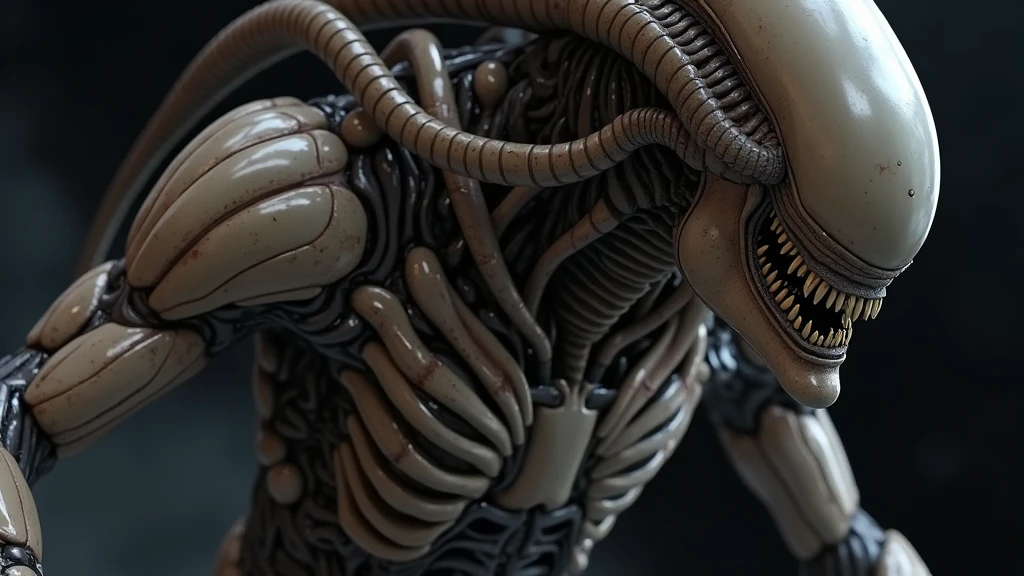 ((best quality)), ((masterpiece)), (detailed), an alien creature, humanoid, gigeresque, pale, milk-white skin, translucent skin, smooth skin texture like a dolphin, no hair, round head, (bulbous head), (xenomorph head), (atrophied eye sockets), (smooth face), (bright prominent gums), (a long tongue, like an elephant trunk, coming out of the mouth with a squid-like beak at the tip), (protrusions along a skeletal ridged back), (breathing holes on the chest), a tail that splits into three tentacles, long skinny arms that it walks on, where the legs would be is another set of arms that are used for grabbing, H R Giger, Clive Barker's The Thing, xenomorph, predator, Engineer, sci fi horror, cosmic horror