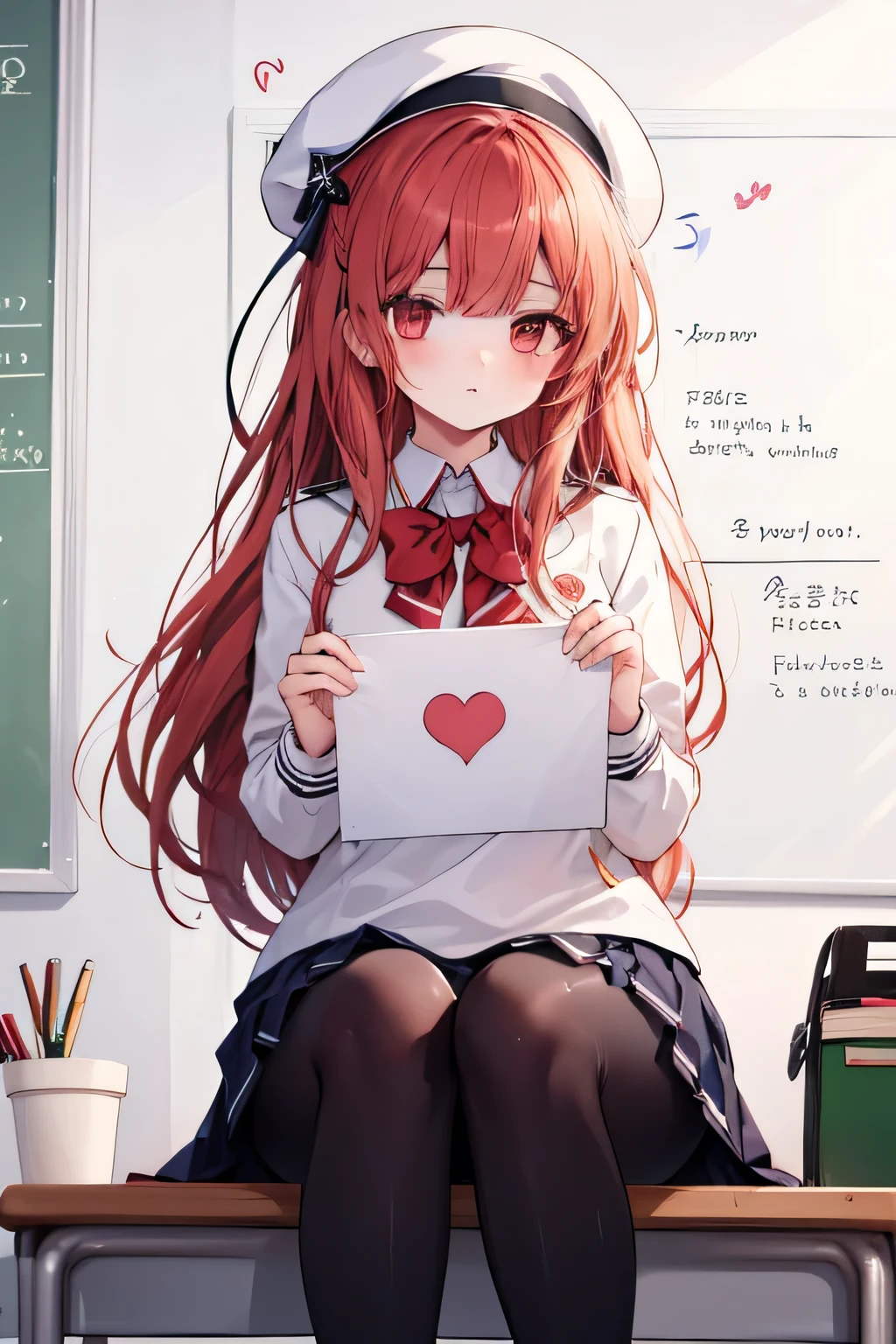 young girl, white beret,  school uniform, sitting, school fund, school fund(classroom), pantyhose, complete anatomy, graphic effects, first person,  holding a white board with the text in Spanish "I love Elandir"  in a drawing of a heart and showing it to the other  