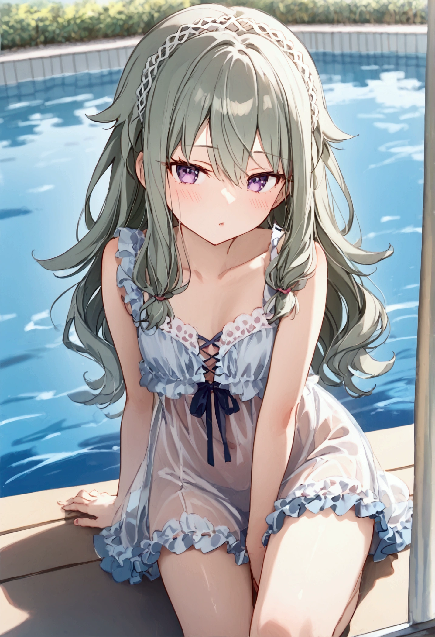  High image quality 、masterpiece、  high quality、Full HD、4K 、Sit down、Kusanagi Nin々、Silver long hair、Tie the ends of the hair with a string 、Purple Eyes、sleeveless plain white dress、 Simple Dress、Thin shoulder straps、 show me your thighs、Show me your side、Show me your collarbone、 flat chest、The chest line is transparent、blush、 makes your cheeks red、In the water、 poolside 