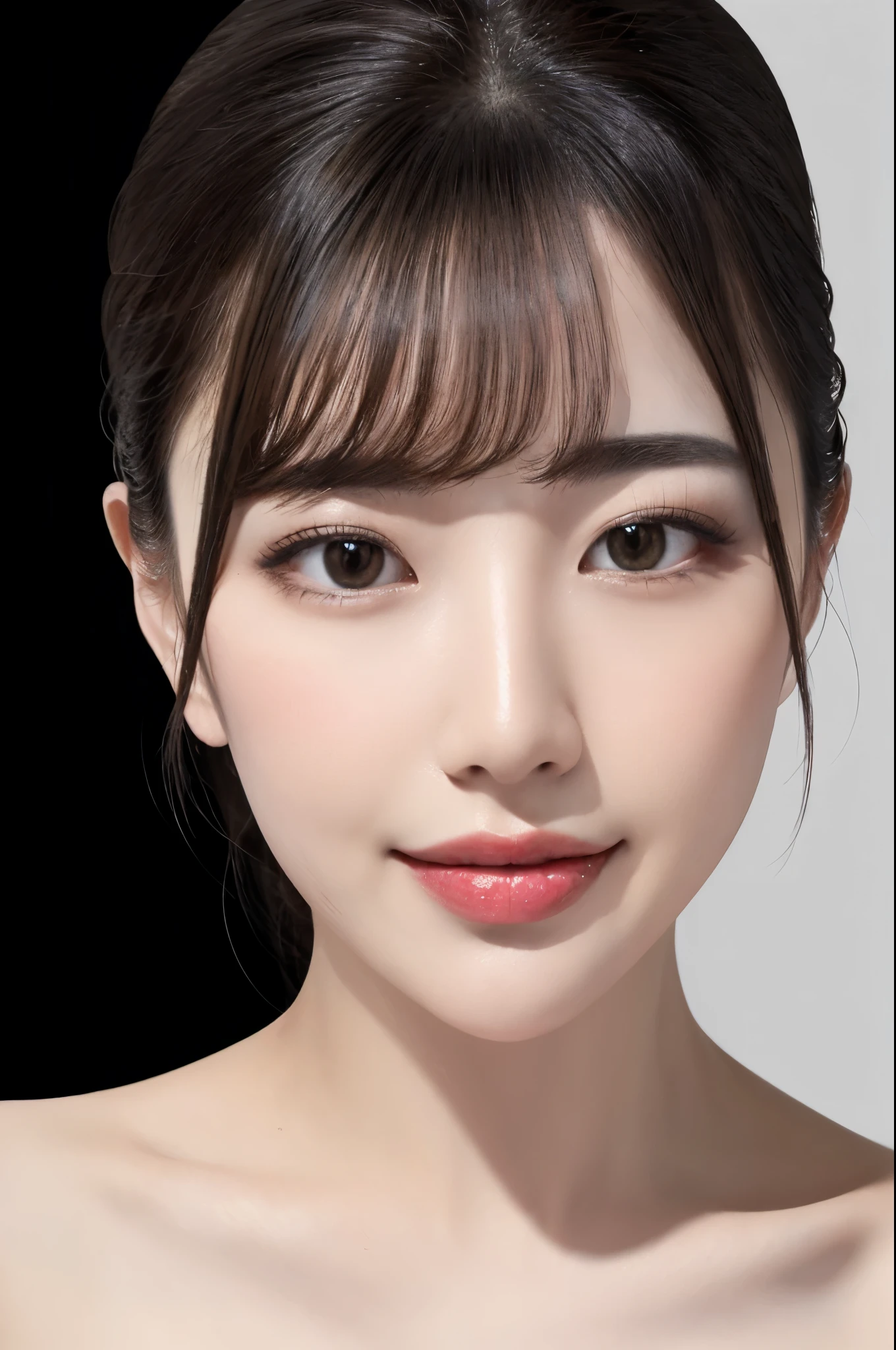 (Highest quality, Tabletop, 8k, Best image quality, Award-winning works), great beauty, (nude:1.5), (The simplest pure black background:1.5), (Face close-up:1.6), Accentuate your body lines, Beautiful and exquisite, seductive Expression, (look straight at me), (stand upright facing forward:1.1), (Perfect Makeup:1.1), (Bright lipstick:1.1), Ultra-high definition beauty face, Ultra HD Hair, Ultra HD Shining Eyes, Ultra-high quality, vibrant and glossy lip color, Accurate anatomy, Very beautiful skin, Ultra high resolution and beautiful, Glowing Skin, An elegant upright posture when viewed from the front, Sweaty skin, Hot face, Damp Hair, Moist Skin