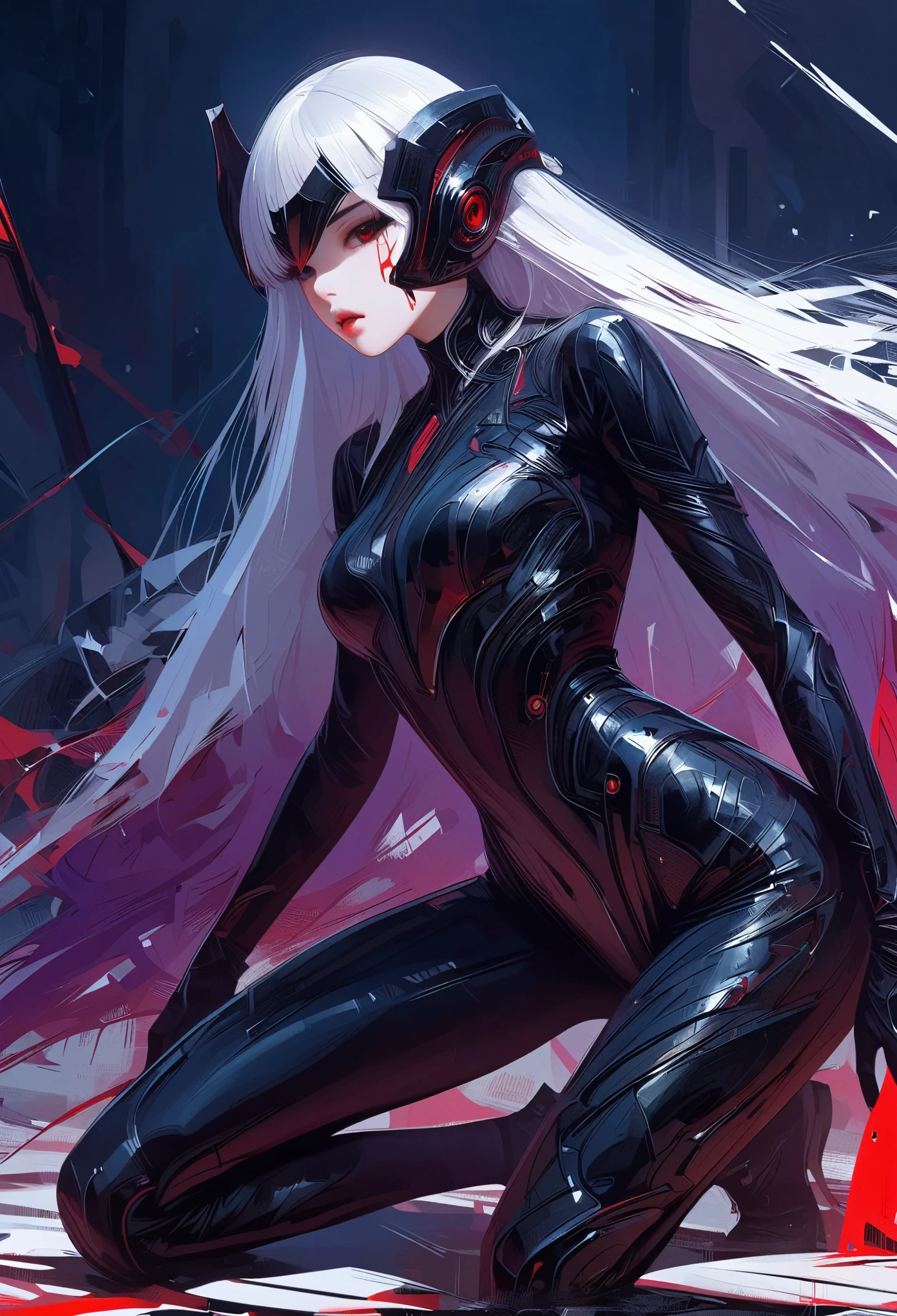 masterpiece， Best quality， 8 k， digital painting， 1 girl， One， get up， youth， White hair， Длинные White hair， hair accessories， Red eyes， round pupils， impassive facial expression， blood stains， Mechanical parts， electrical wire， cable， The effect of failure， terrifying， Science fiction， futuristic， Dark inside background， neon lights， Cyberpunk characters， surreal， strange， alarming， Chilling， terrifying， overalls，Red eyes，Poison Obsession，blackened，Long black gloves，One-piece trousers，tight latex bodysuit，Emphasize her graceful figure,Wrap your whole body，symbiont，（（raised sexy）），overalls，Red eyes，Poison Obsession，blackened，Long black gloves，One-piece trousers，Black latex clothing，Blood-Red eyes，Best quality, A high resolution, Super detailed, Bright textures, a mask, tight latex bodysuit, bang,purple hair, Blue eyes
