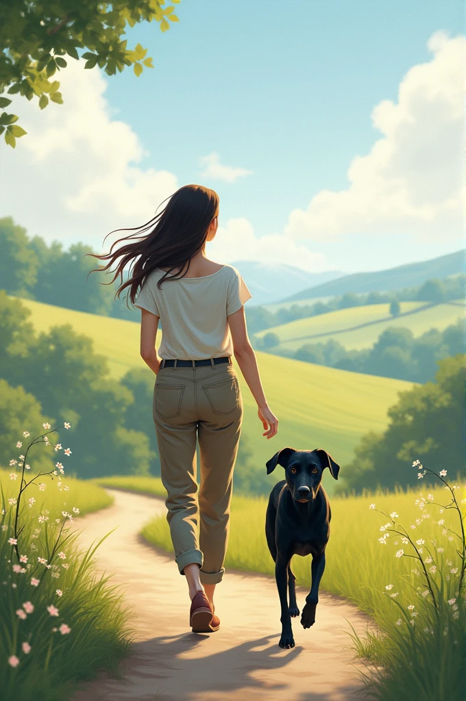 A woman walking at the with black dog