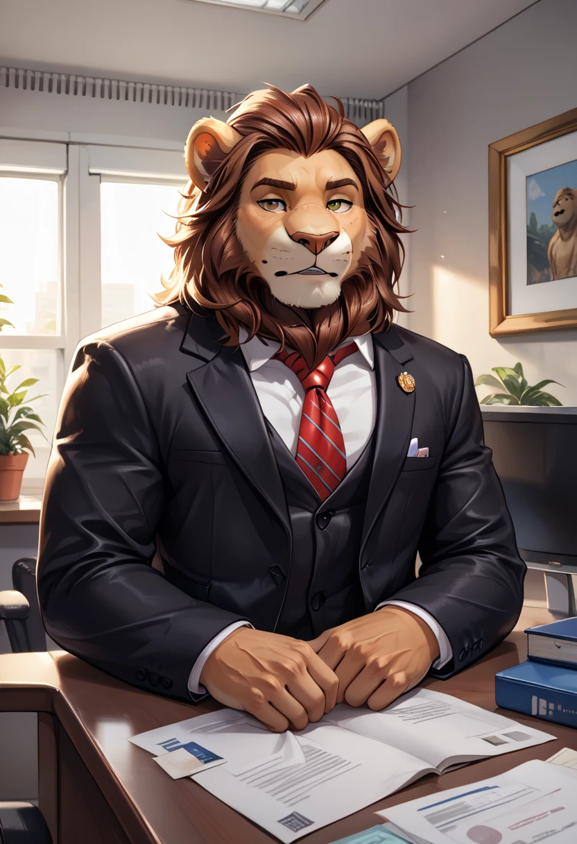  is the best quality, masterpiece, Ultra High Resolution , Detailed Background, actual , True light and dark, Photo depth,  looking at the audience, (furry male), (The lion's furry ),  black suit , Sexy body ,  shoulders and arms, office, morning, Morning Light, Buffy ,  old guy ，Stand up and look down at , close up, Buffy ，muscle, Contempt，Eye details。