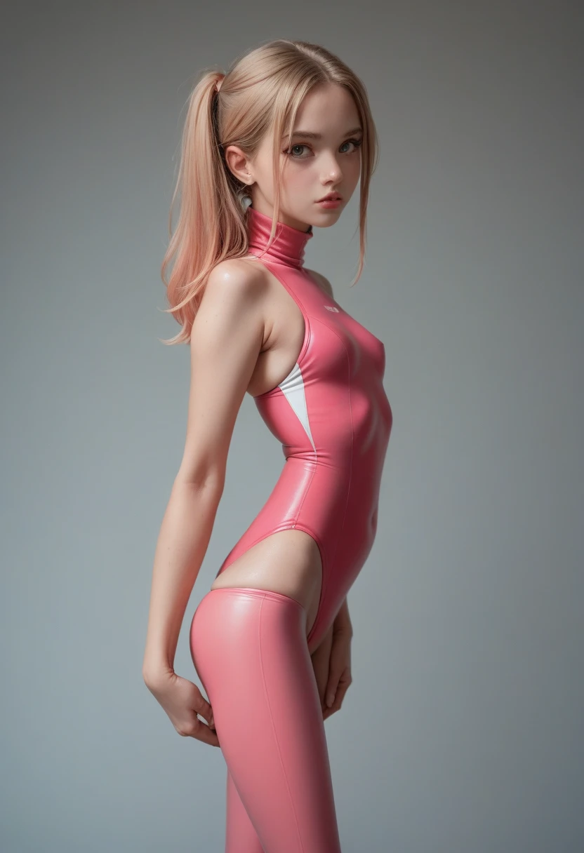 an  girl,  small breasts , very thin body, in a pink competition swimsuit with high collar and leggings 