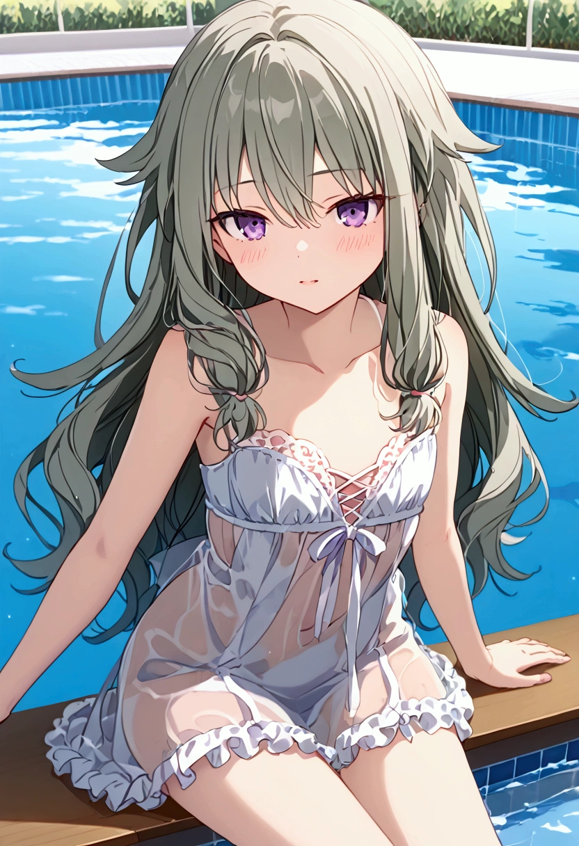  High image quality 、masterpiece、  high quality、Full HD、4K 、Sit down、Kusanagi Nin々、Silver long hair、Tie the ends of the hair with a string 、Purple Eyes、sleeveless plain white dress、 Simple Dress、Thin shoulder straps、 show me your thighs、Show me your side、Show me your collarbone、 flat chest、The chest line is transparent、blush、 makes your cheeks red、In the water、 poolside 