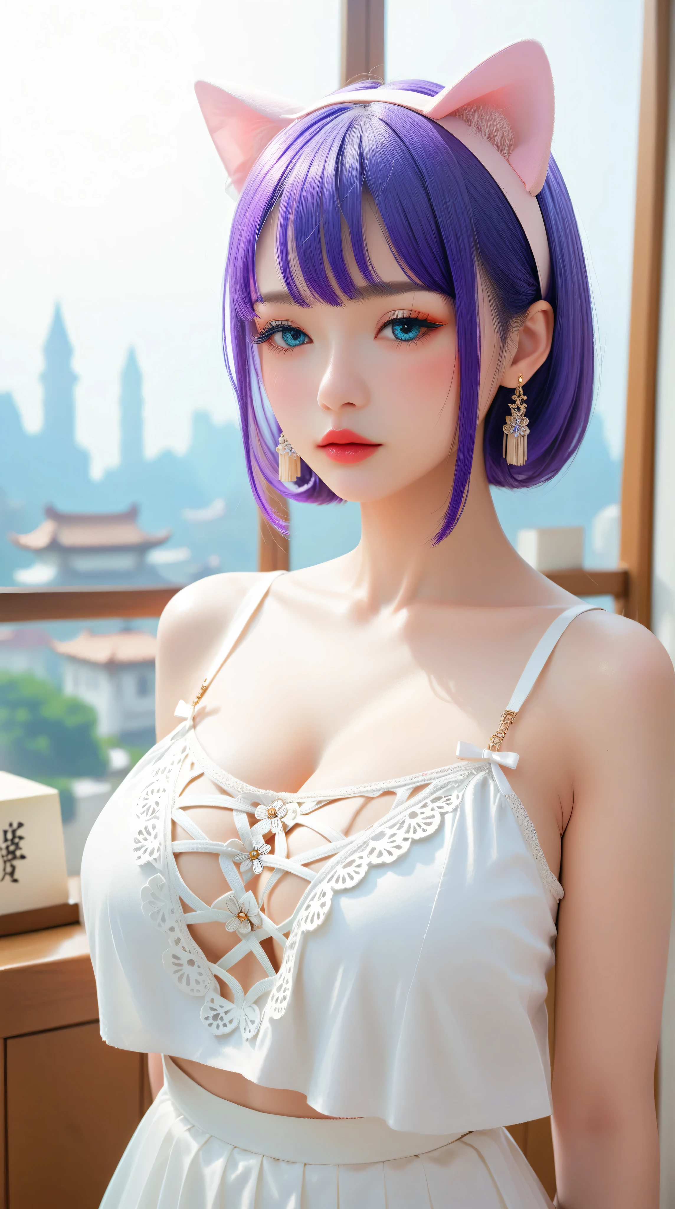 Paper-cut art,architecture,masterpiece,high quality,Super detailed,Super exquisite,8k,Chinese Geisha with cat ears, big breasts, cleavage, looking at viewer, arms behind back, ulzzang, portrait, sexy, submissive, ((seductive)), ((heavy blushing)), shy, tease, purple hair, blue eyes, Sharp focus,